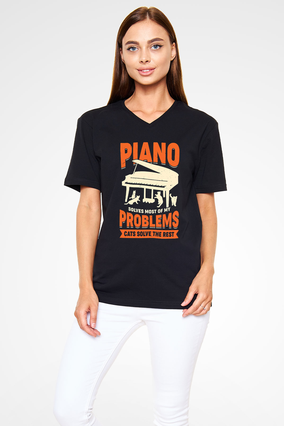 Piyanist Siyah Unisex V Yaka Tişört