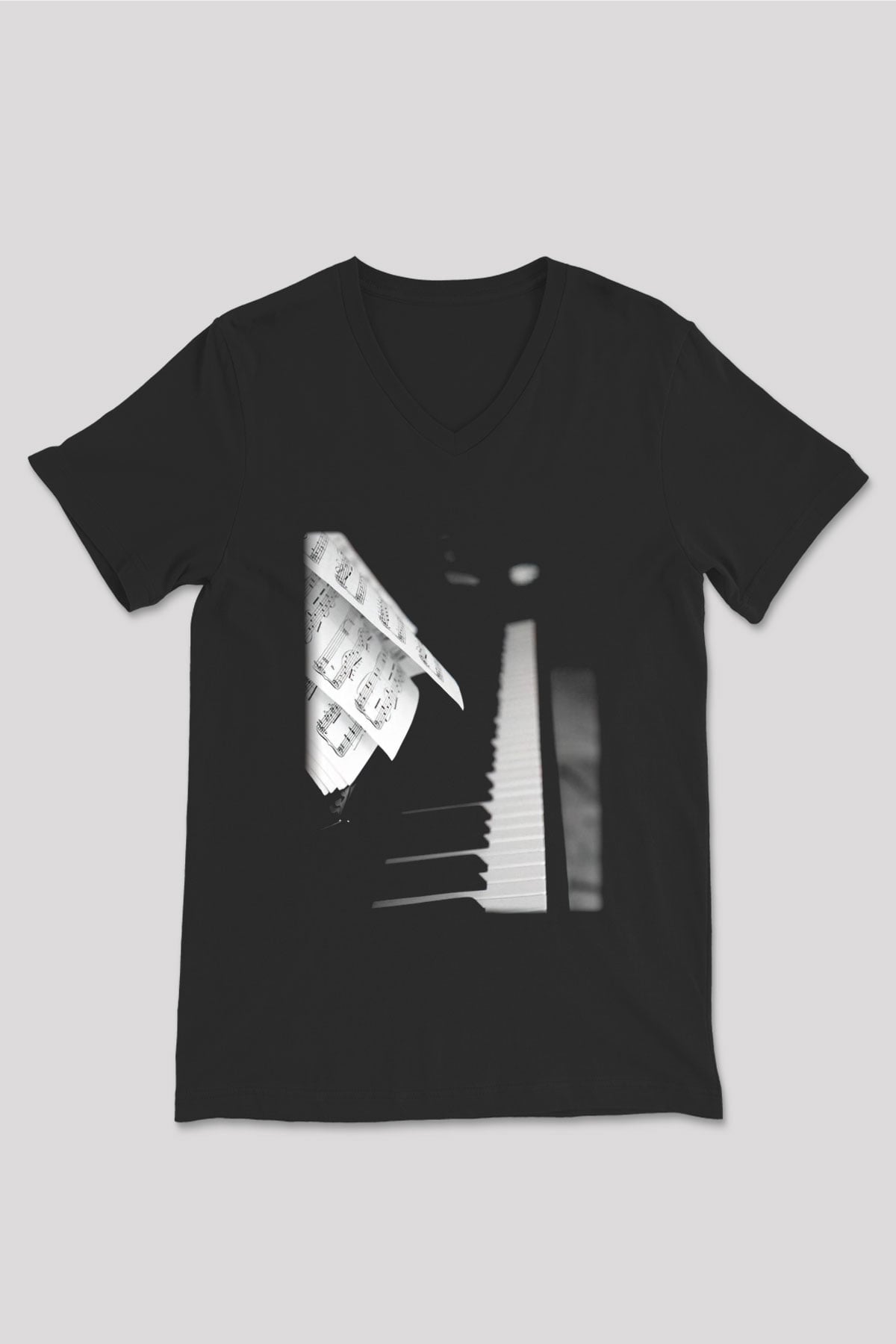 Piyanist Siyah Unisex V Yaka Tişört T-Shirt