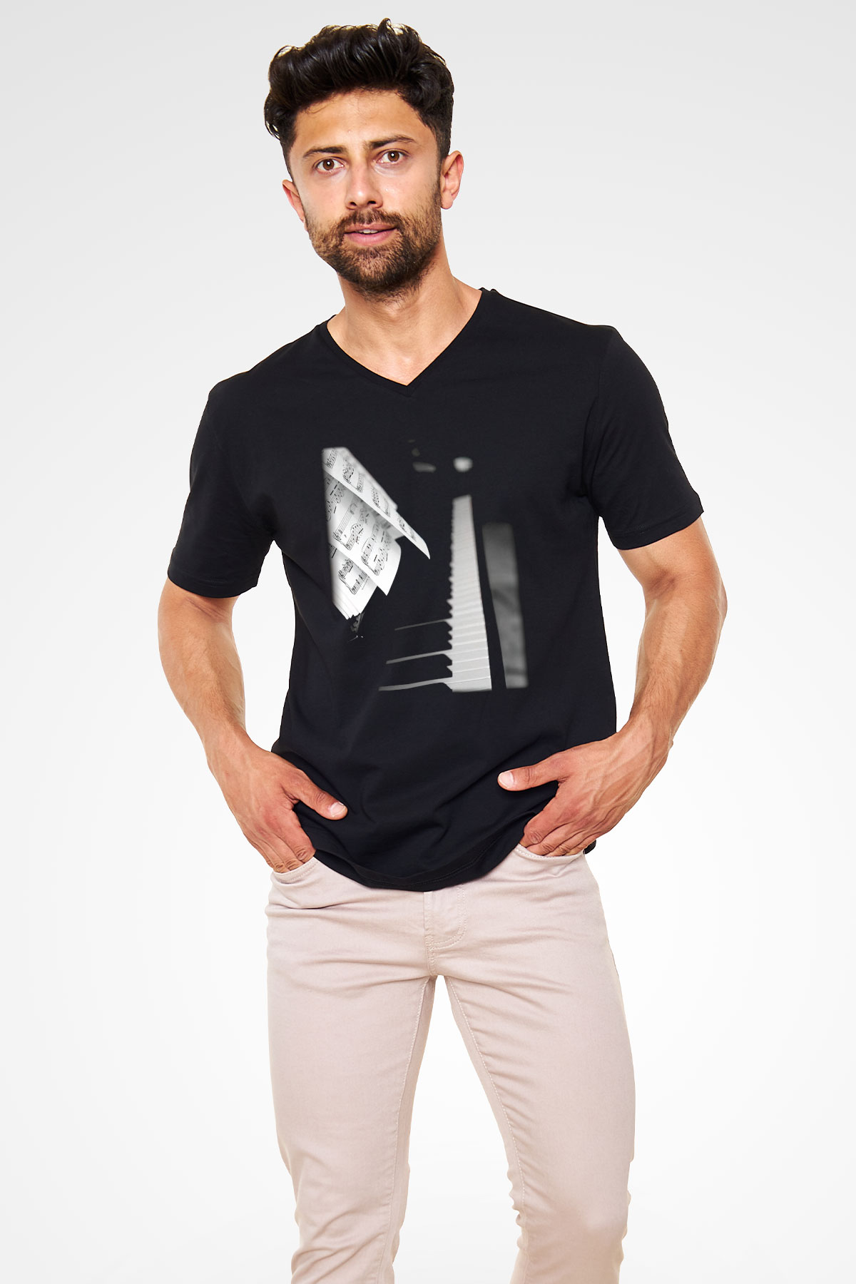 Piyanist Siyah Unisex V Yaka Tişört T-Shirt