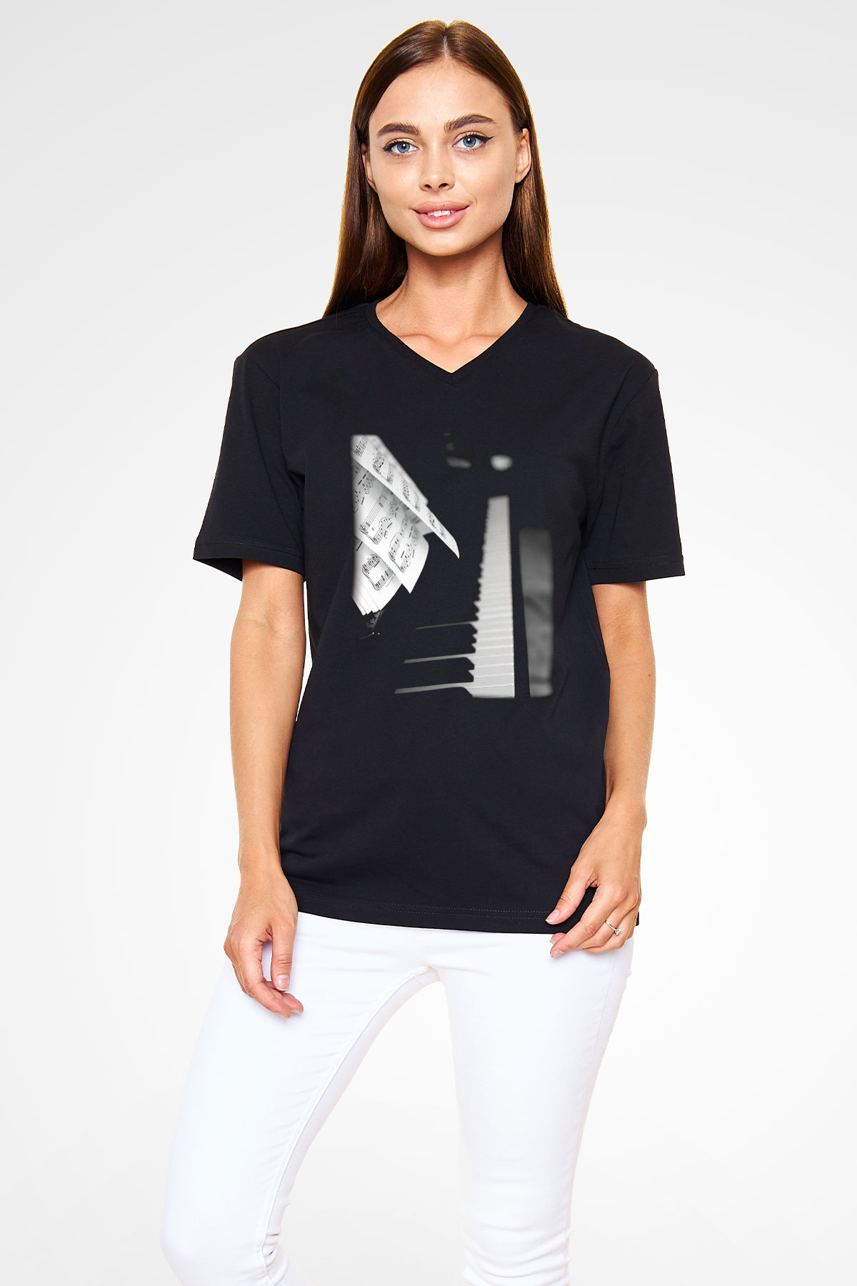 Piyanist Siyah Unisex V Yaka Tişört T-Shirt