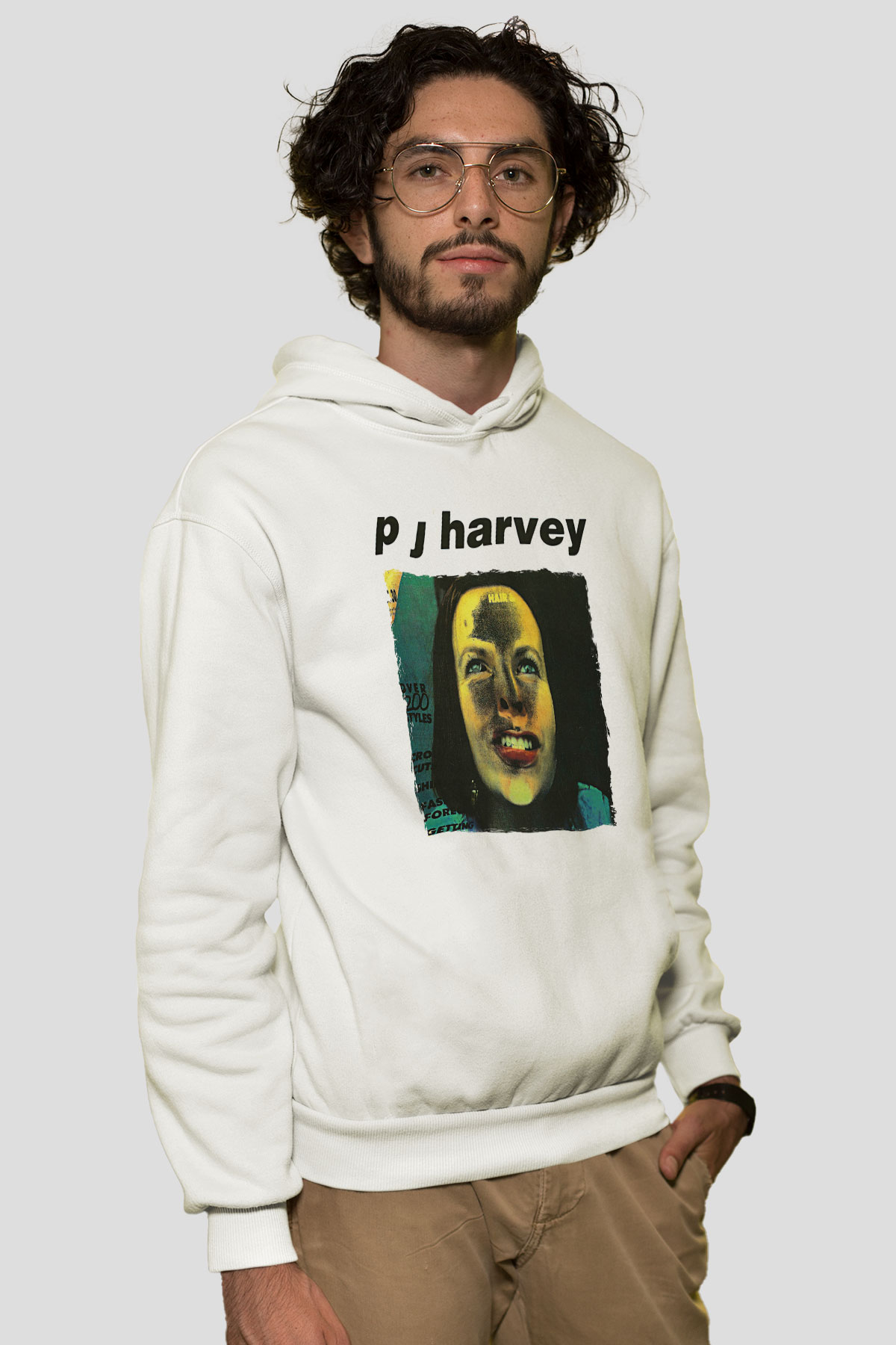 Pj Harvey Baskılı Beyaz Unisex Kapüşonlu Sweatshirt