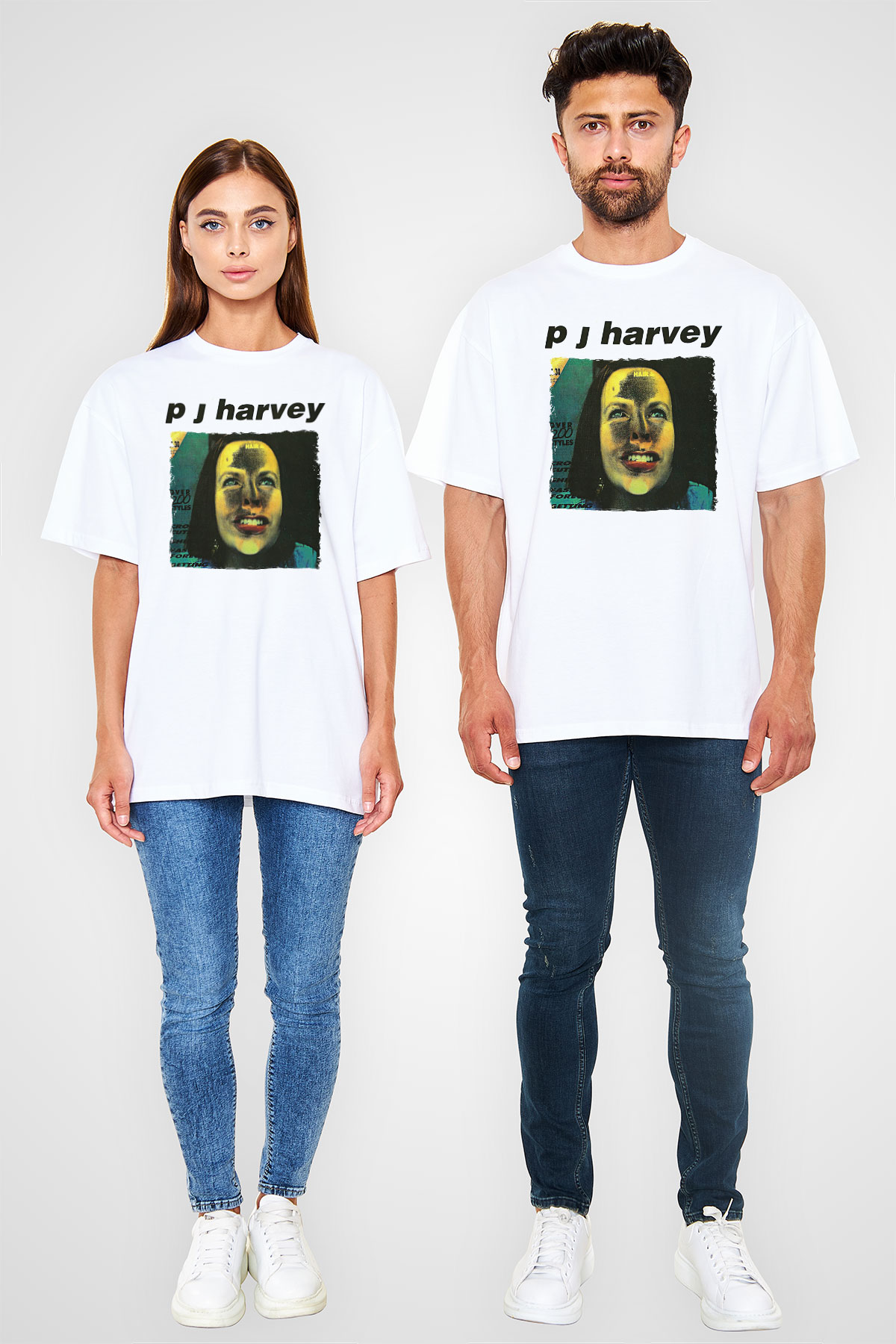 Pj Harvey Baskılı Beyaz Unisex Oversize Tişört - Tshirt