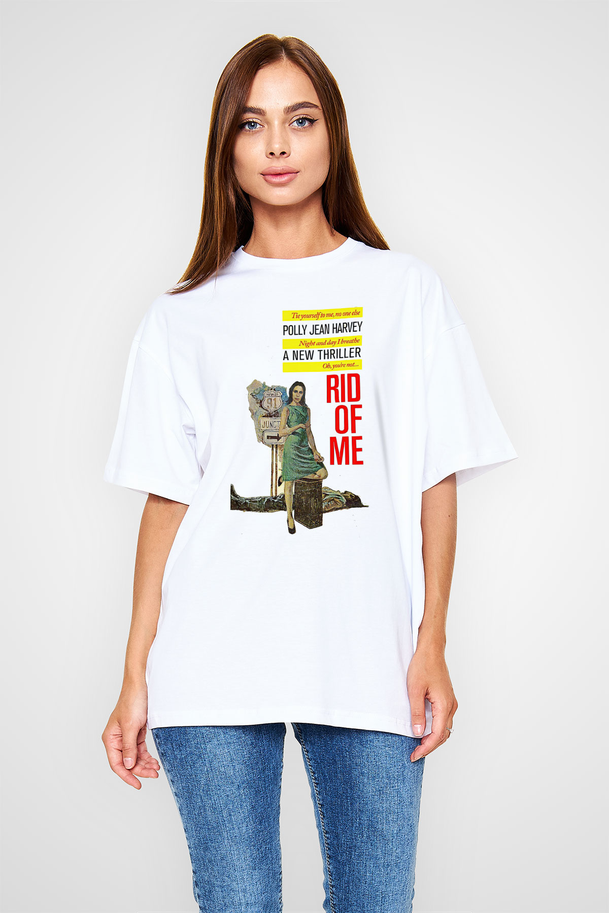 Pj Harvey Baskılı Beyaz Unisex Oversize Tişört - Tshirt