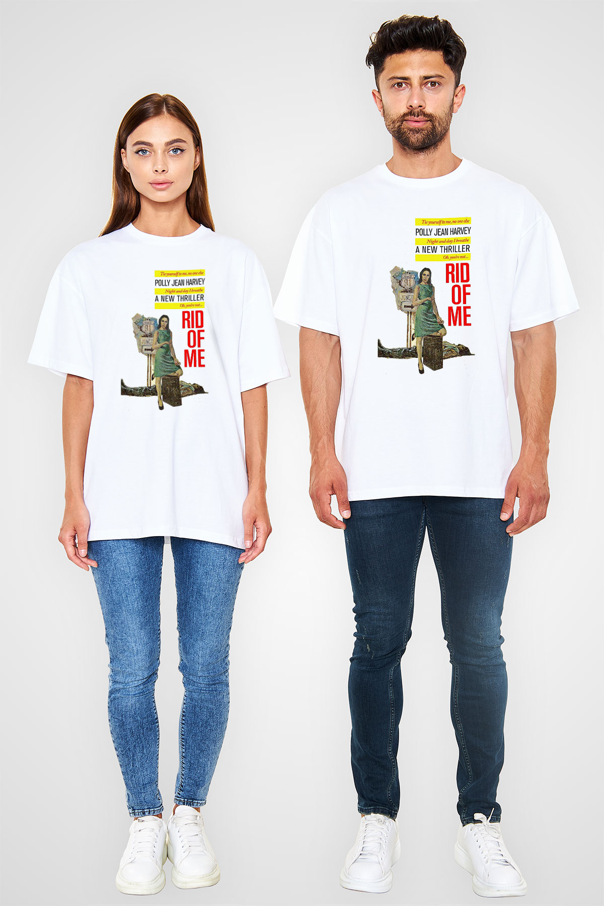 Pj Harvey Baskılı Beyaz Unisex Oversize Tişört - Tshirt