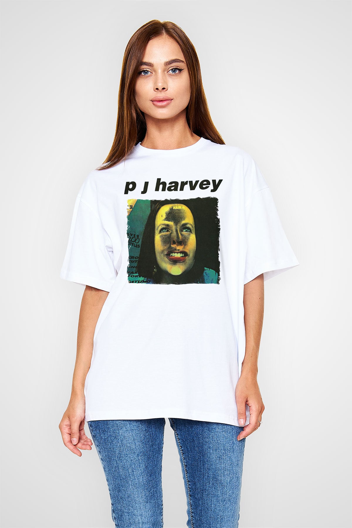 Pj Harvey Baskılı Beyaz Unisex Oversize Tişört - Tshirt