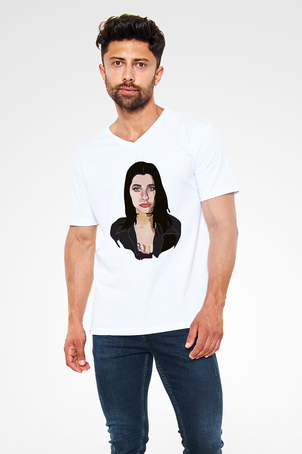Pj Harvey Baskılı Beyaz Unisex V Yaka Tişört - Tshirt