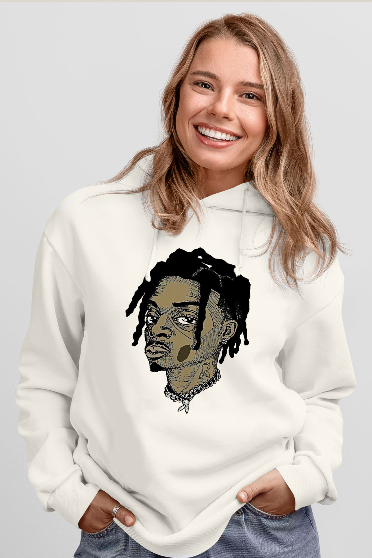 Playboi Carti Baskılı Beyaz Unisex Kapüşonlu Sweatshirt