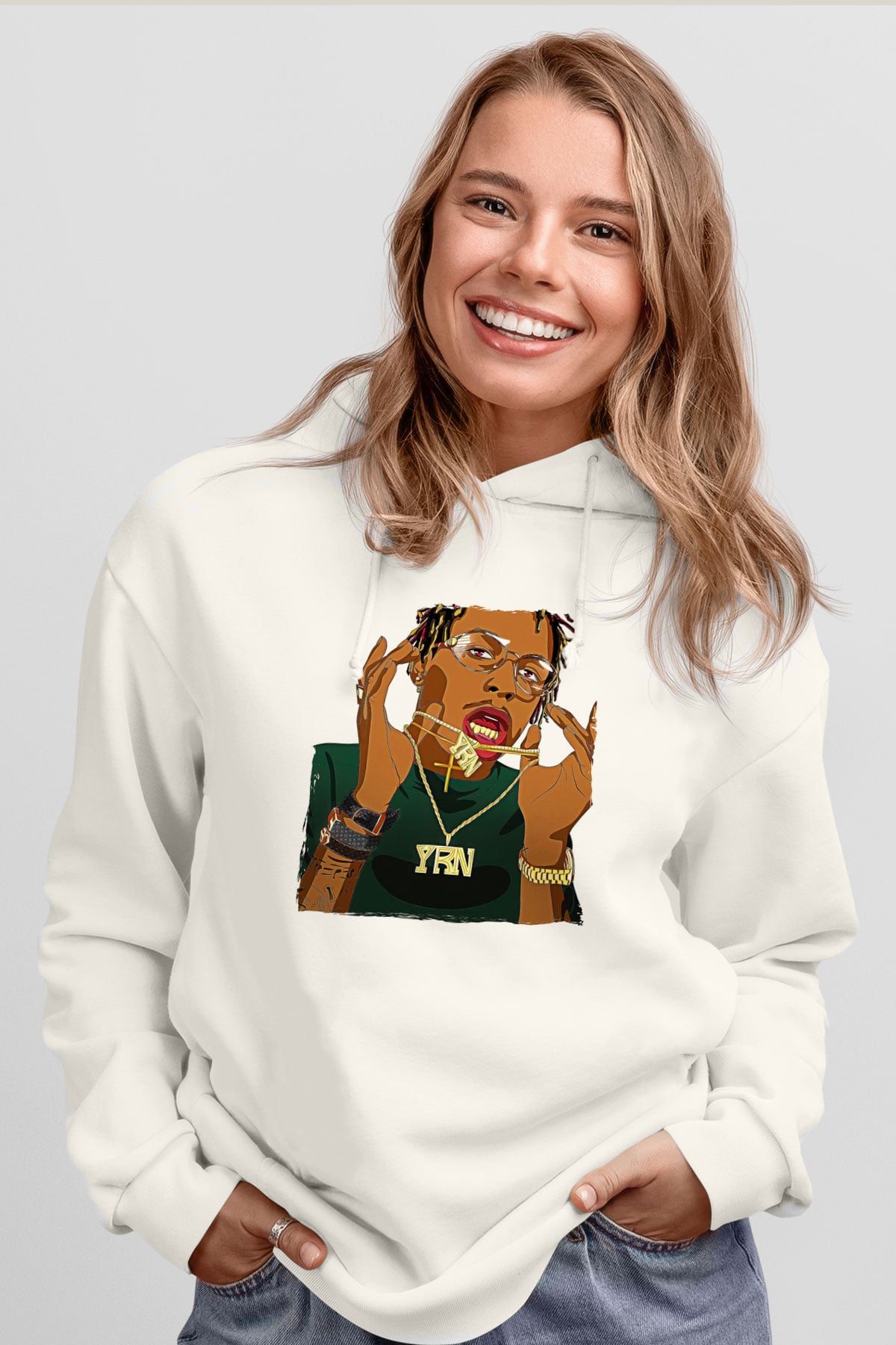 Playboi Carti Baskılı Beyaz Unisex Kapüşonlu Sweatshirt