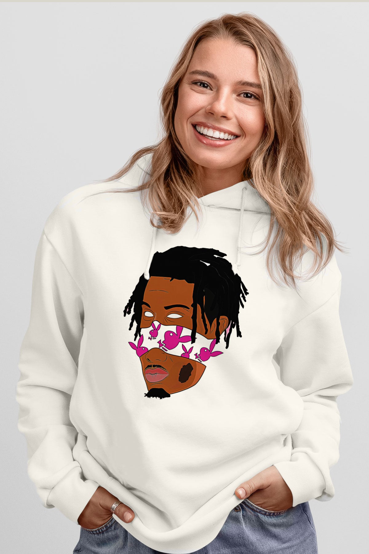Playboi Carti Baskılı Beyaz Unisex Kapüşonlu Sweatshirt