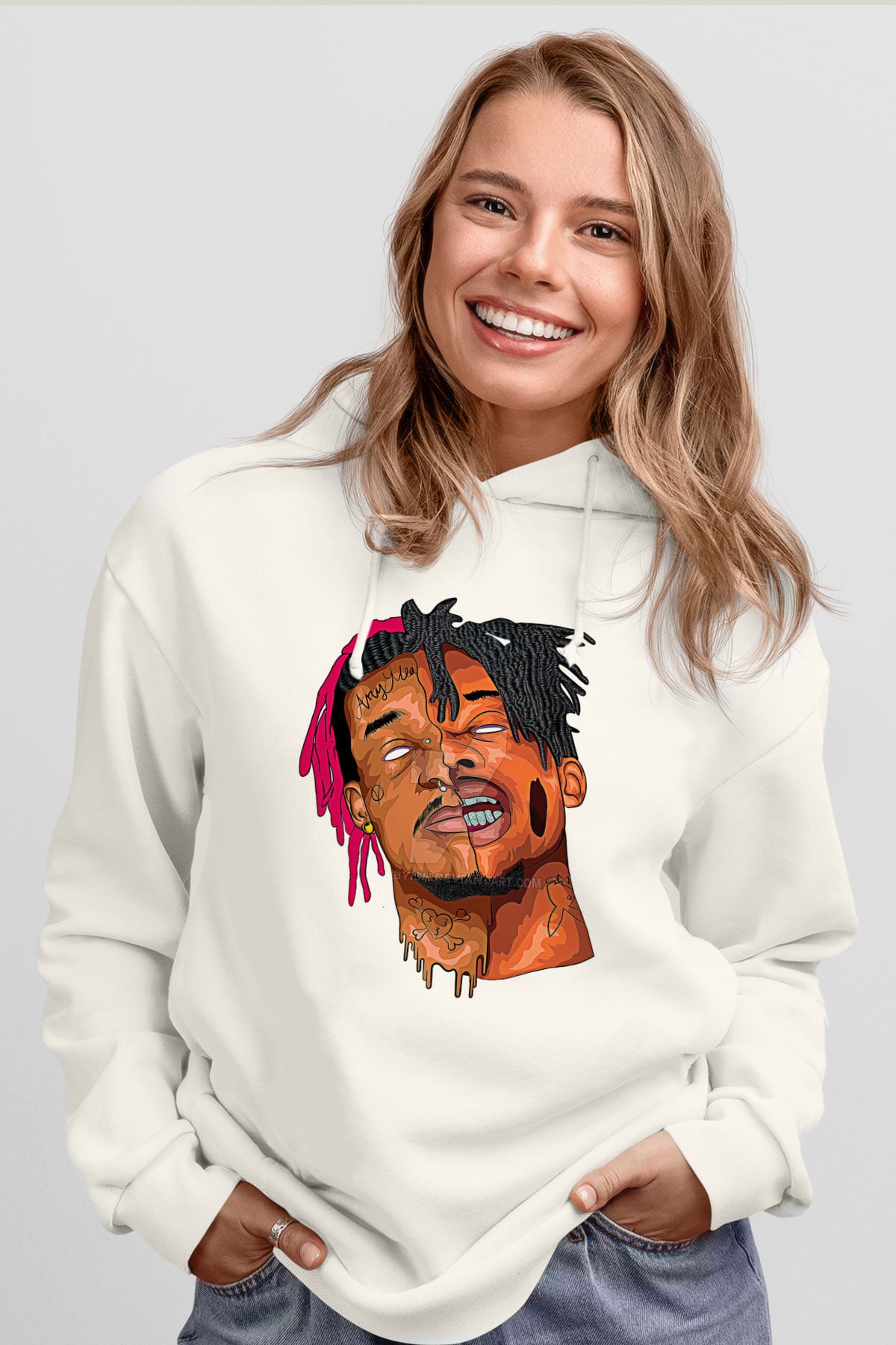 Playboi Carti Baskılı Beyaz Unisex Kapüşonlu Sweatshirt