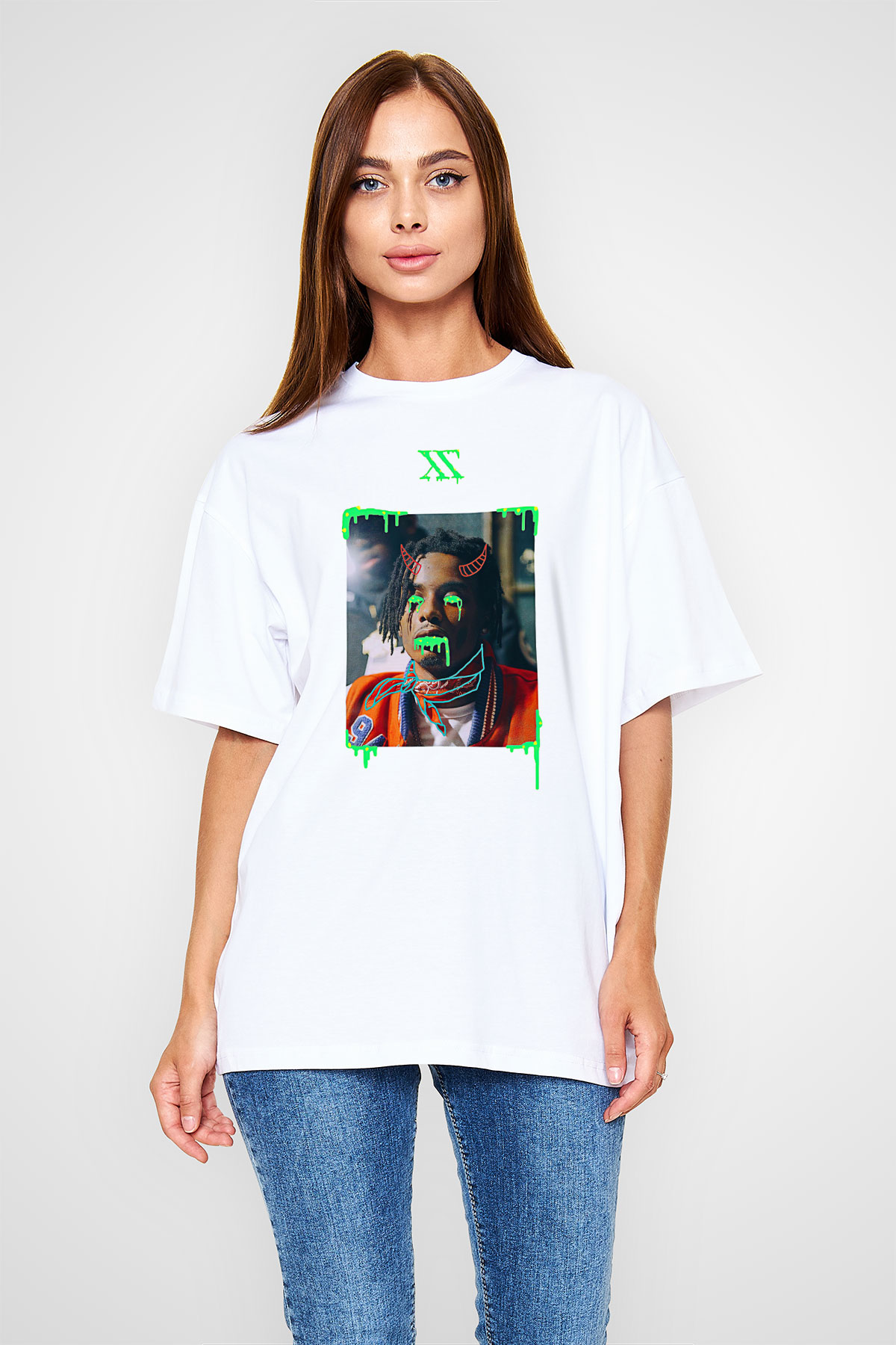 Playboi Carti Baskılı Beyaz Unisex Oversize Tişört - Tshirt