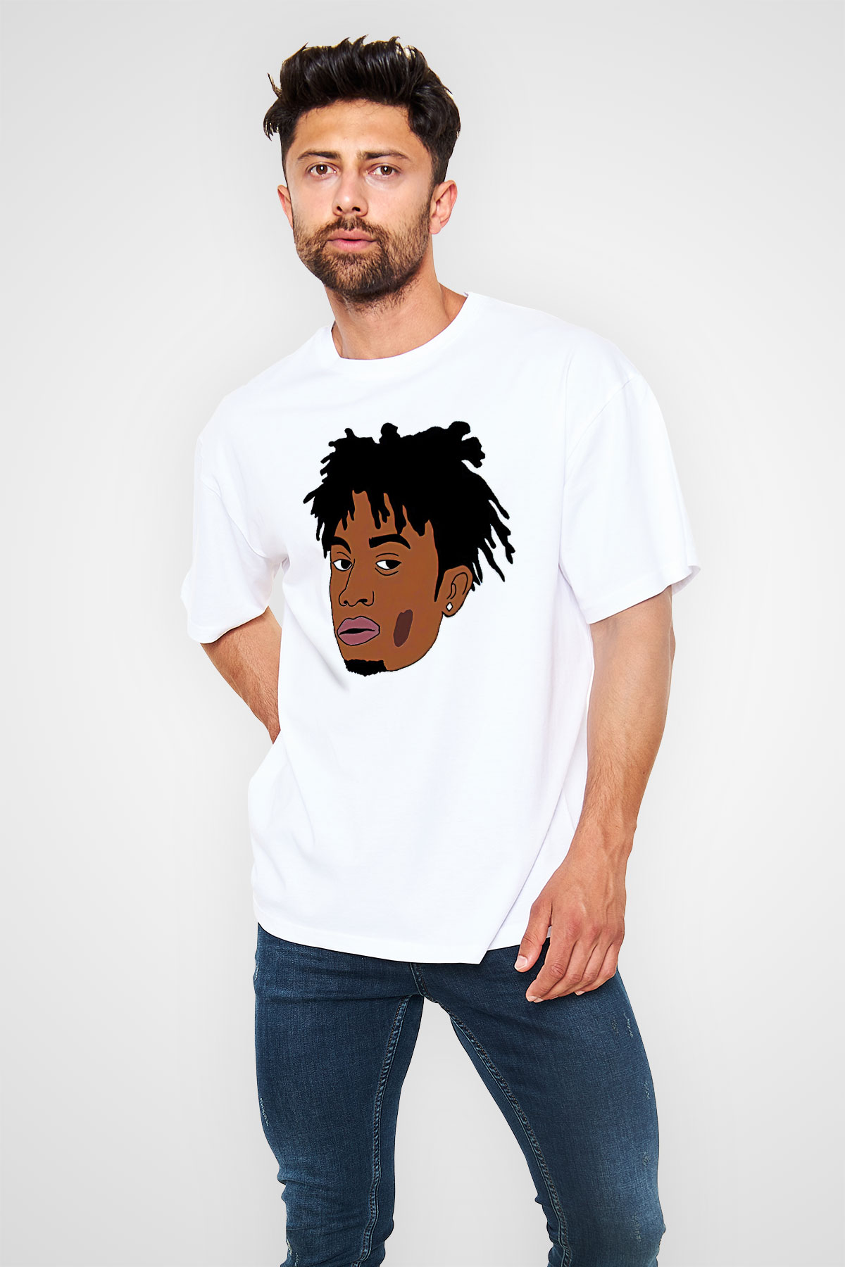 Playboi Carti Baskılı Beyaz Unisex Oversize Tişört - Tshirt