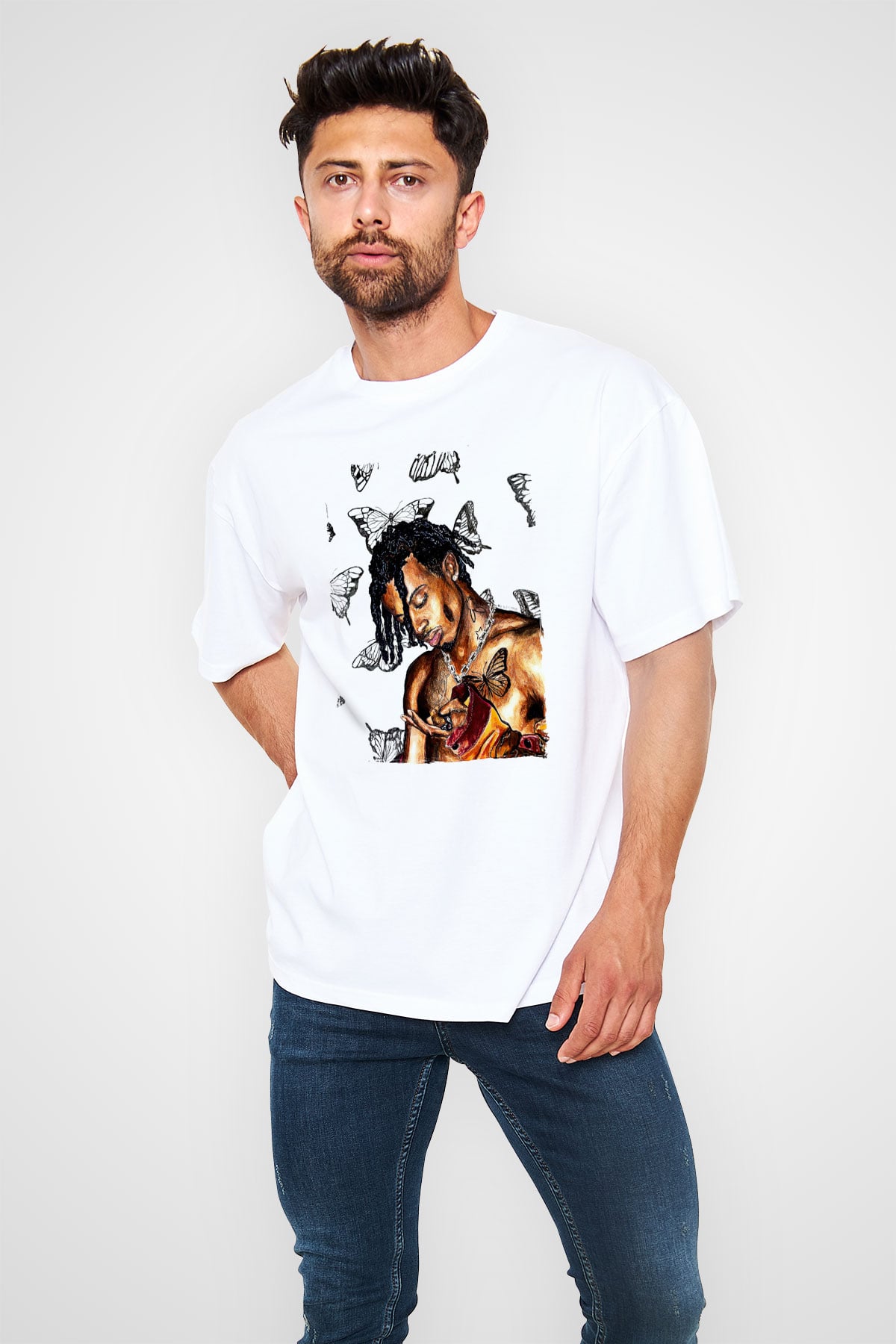 Playboi Carti Baskılı Beyaz Unisex Oversize Tişört - Tshirt