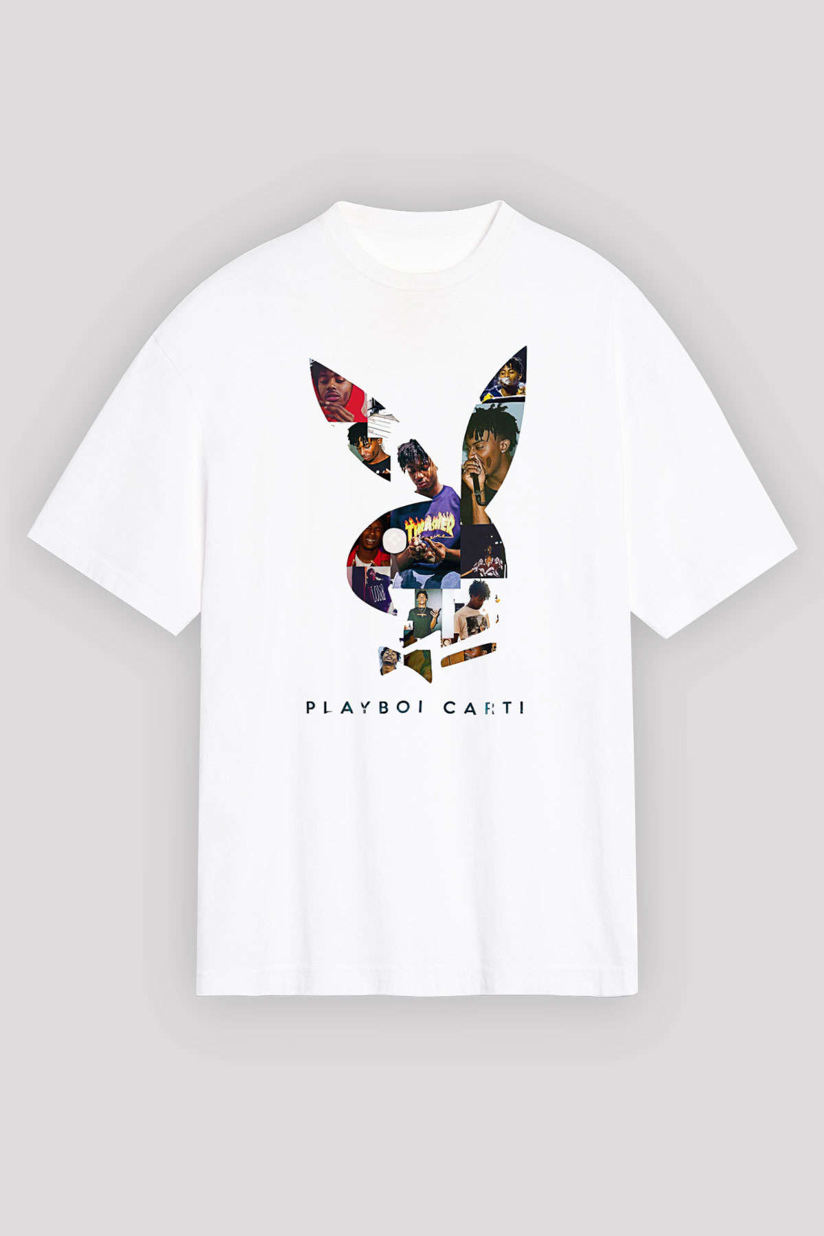 Playboi Carti Baskılı Beyaz Unisex Oversize Tişört - Tshirt