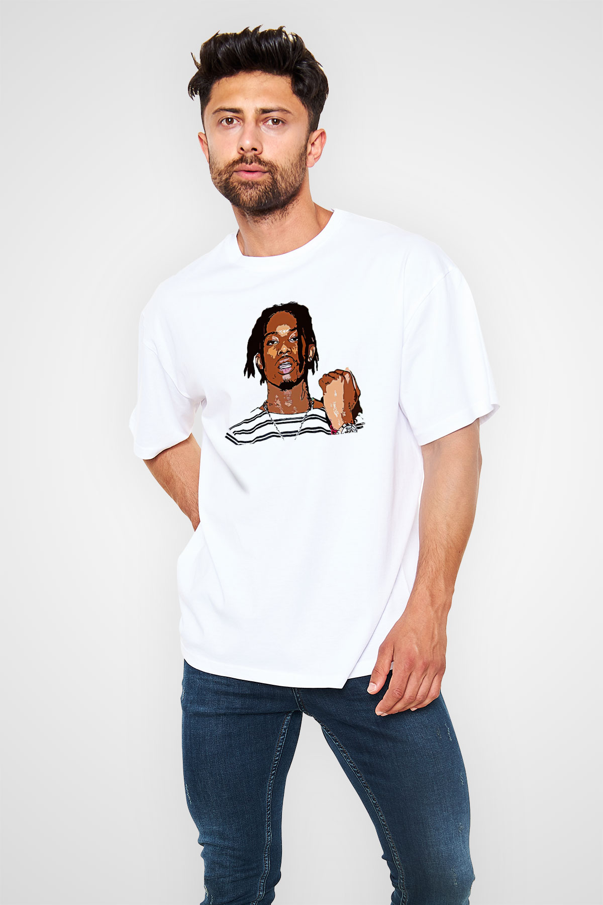 Playboi Carti Baskılı Beyaz Unisex Oversize Tişört - Tshirt