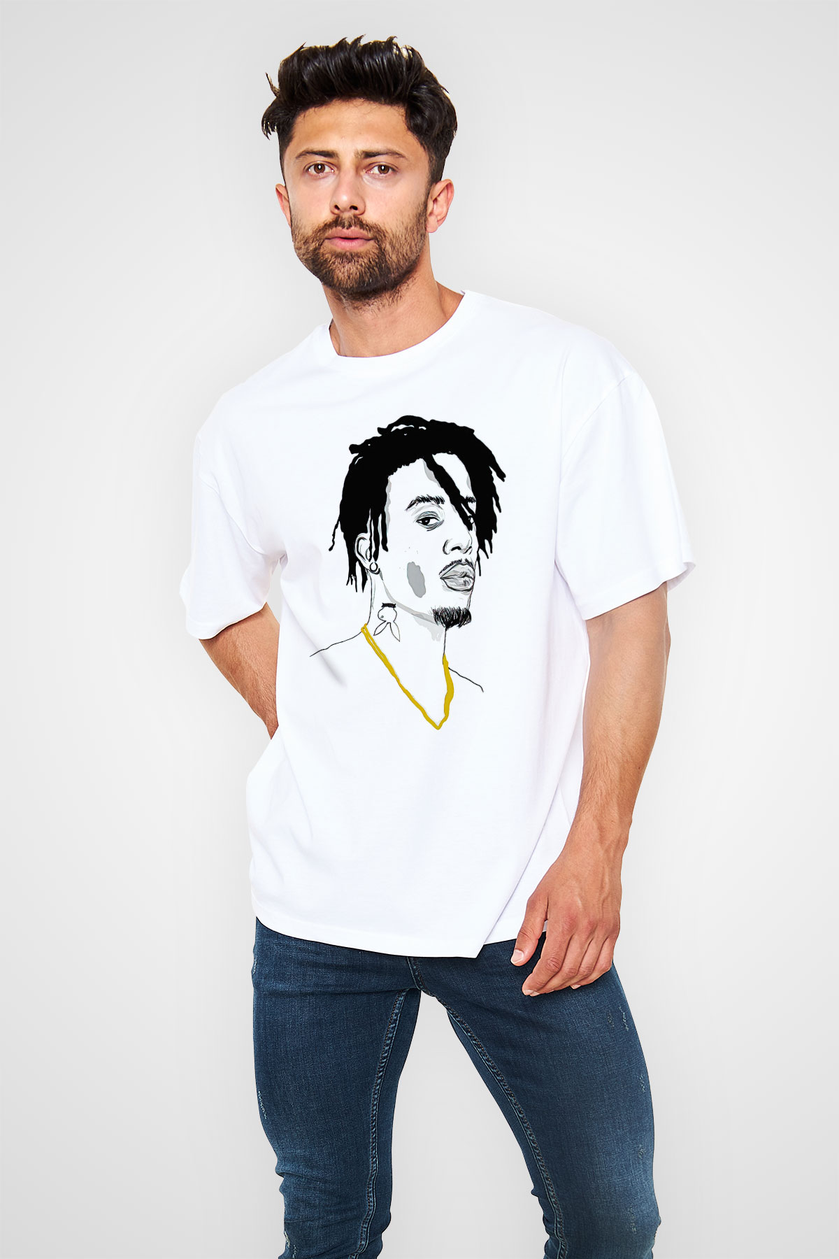 Playboi Carti Baskılı Beyaz Unisex Oversize Tişört - Tshirt