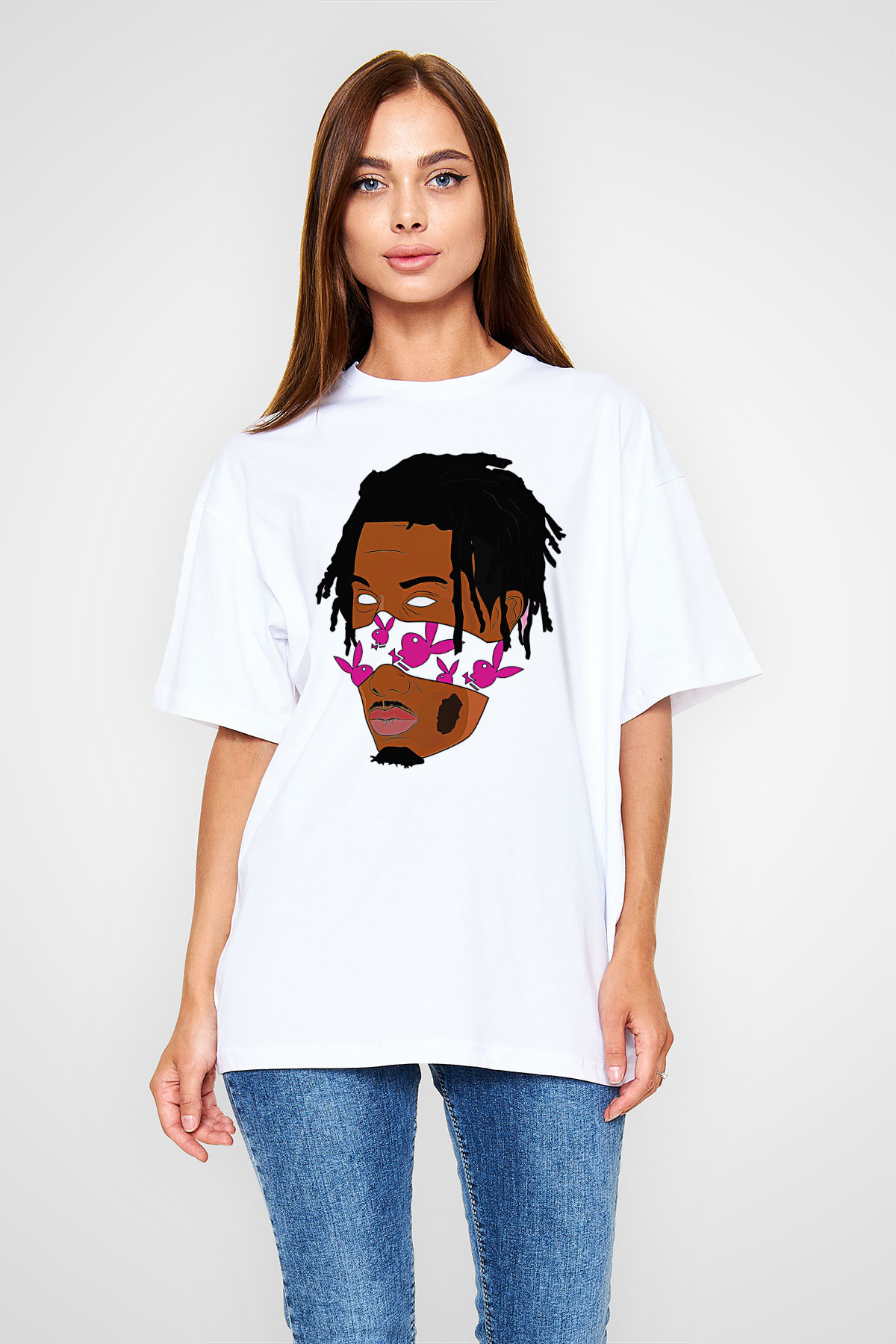 Playboi Carti Baskılı Beyaz Unisex Oversize Tişört - Tshirt