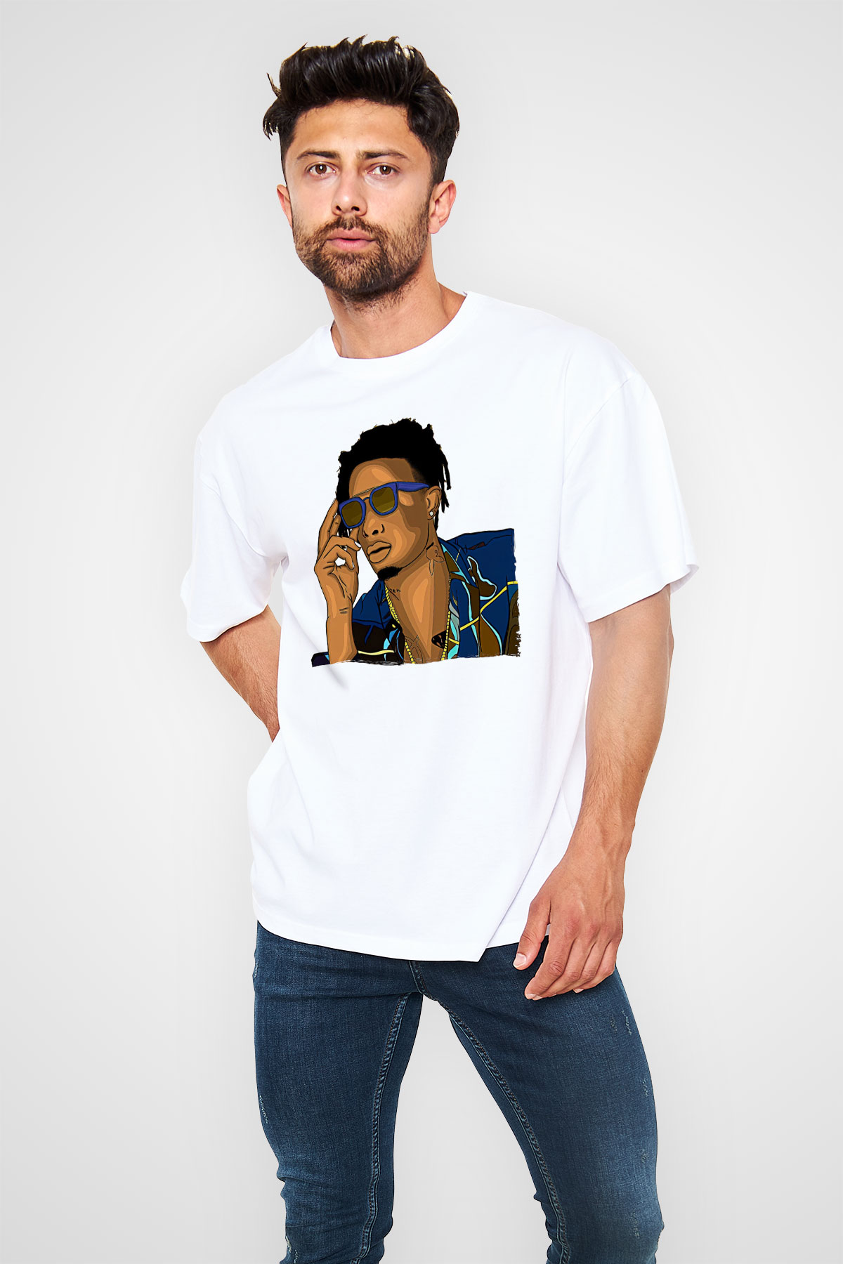 Playboi Carti Baskılı Beyaz Unisex Oversize Tişört - Tshirt