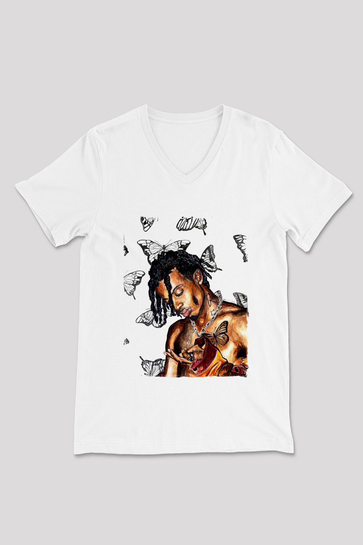 Playboi Carti Baskılı Beyaz Unisex V Yaka Tişört - Tshirt