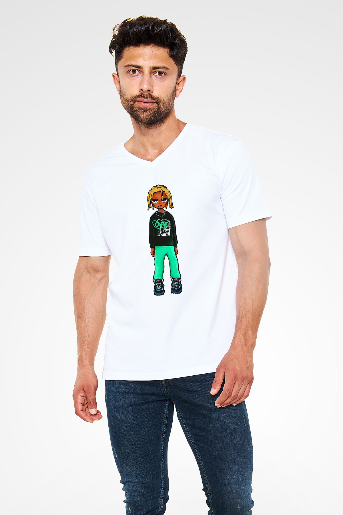 Playboi Carti Baskılı Beyaz Unisex V Yaka Tişört - Tshirt