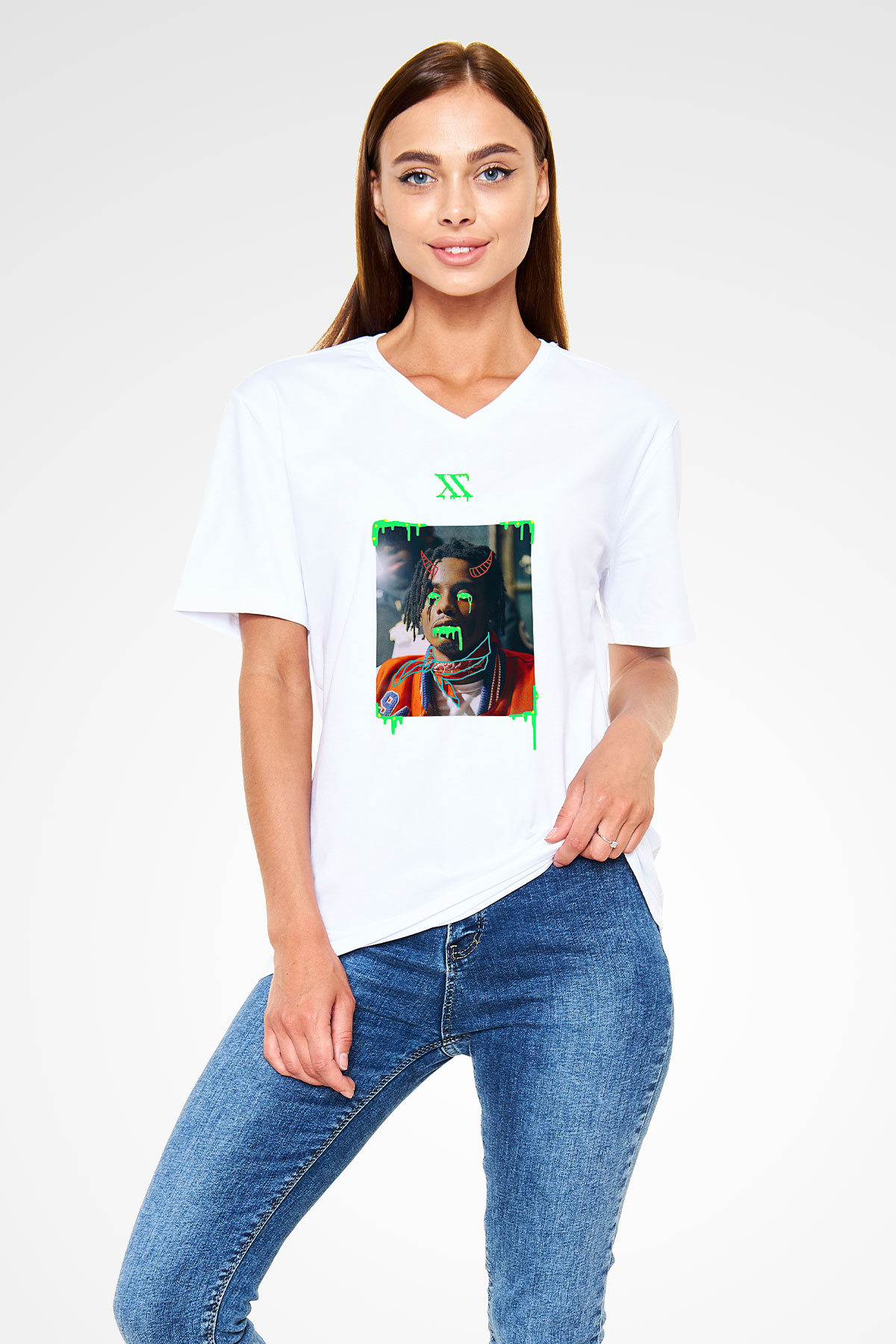 Playboi Carti Baskılı Beyaz Unisex V Yaka Tişört - Tshirt