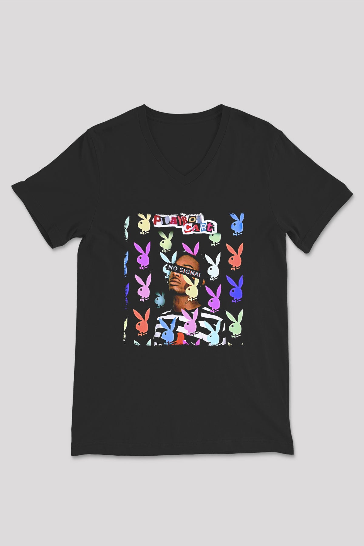Playboi Carti Baskılı Unisex Siyah V Yaka Tişört - Tshirt