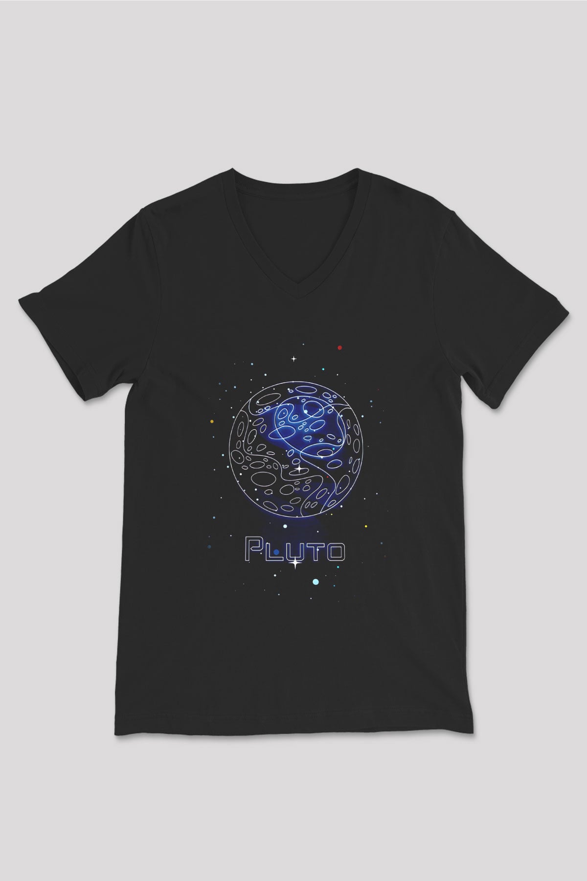 Plüton Çizim Baskılı Unisex V Yaka Siyah Tİşört - Tshirt