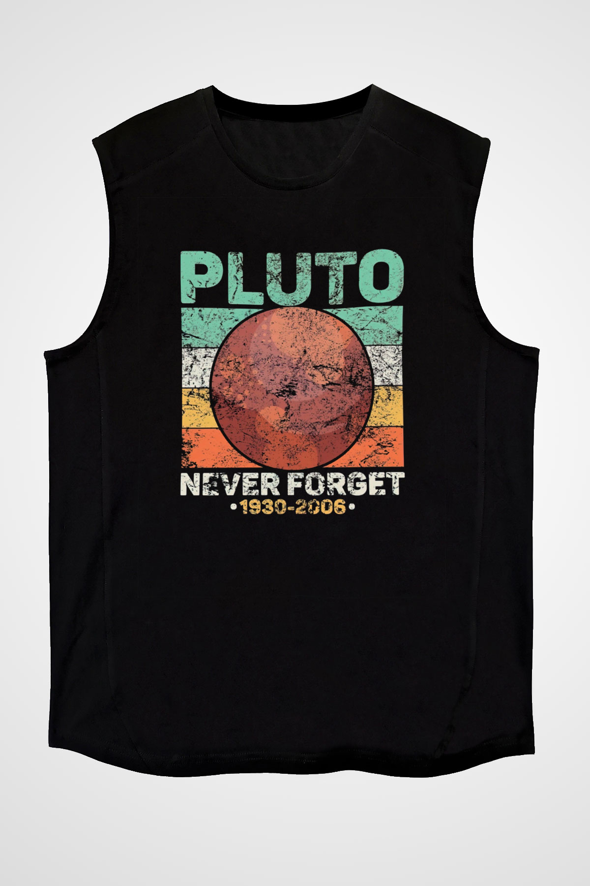 Plüton Çizim Unutma Baskılı Unisex Kolsuz Siyah Tişört - Tshirt
