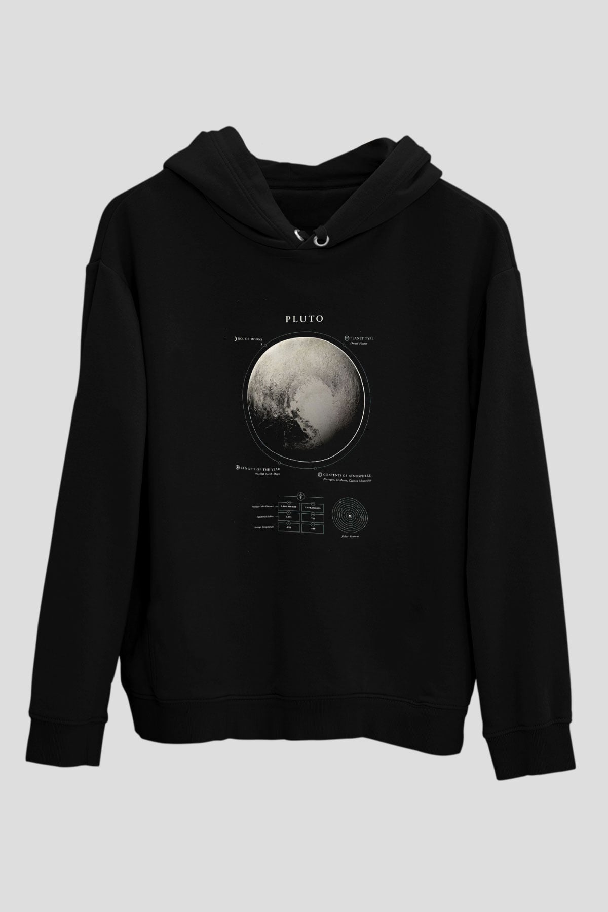 Plüton Fiziksel Özellikleri Baskılı Unisex Siyah Kapüşonlu Sweatshirt