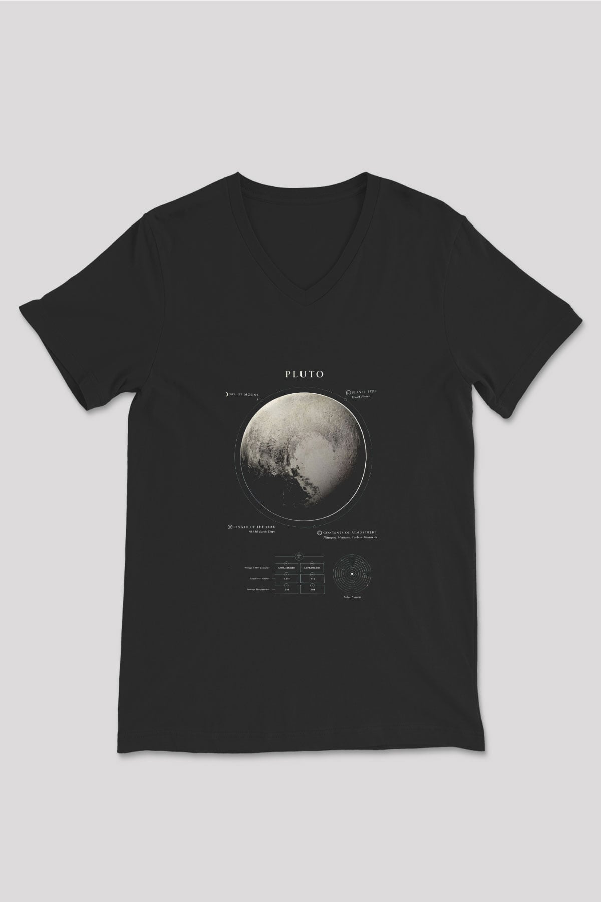 Plüton Fiziksel Özellikleri Baskılı Unisex V Yaka Siyah Tİşört - Tshirt