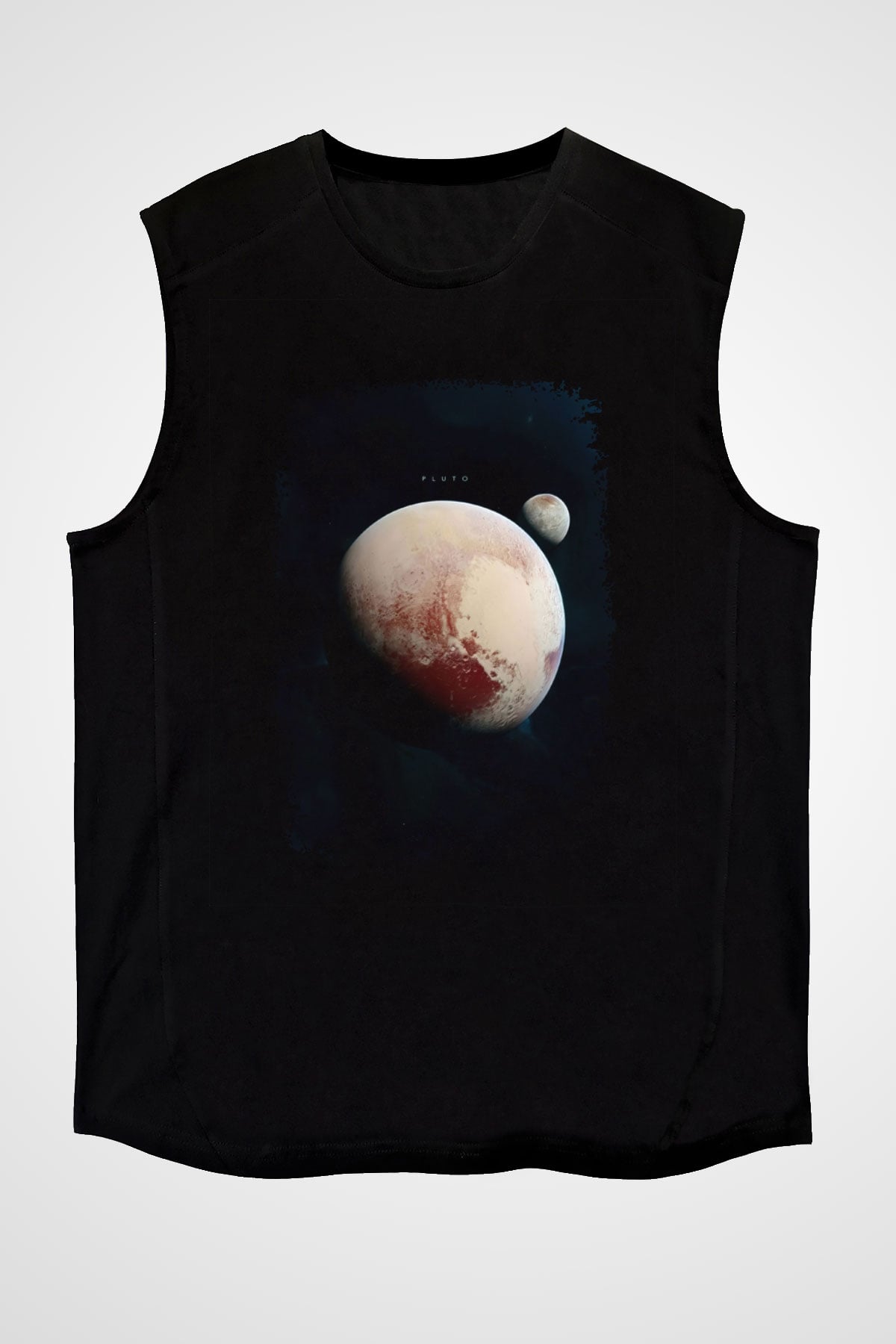 Plüton Fotoğraf Baskılı Unisex Kolsuz Siyah Tişört - Tshirt