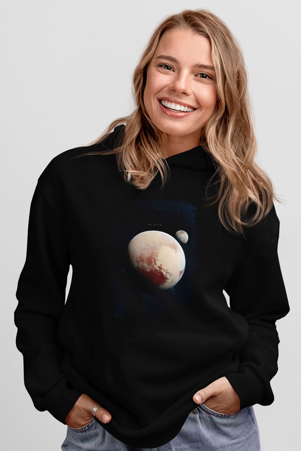 Plüton Fotoğraf Baskılı Unisex Siyah Kapüşonlu Sweatshirt