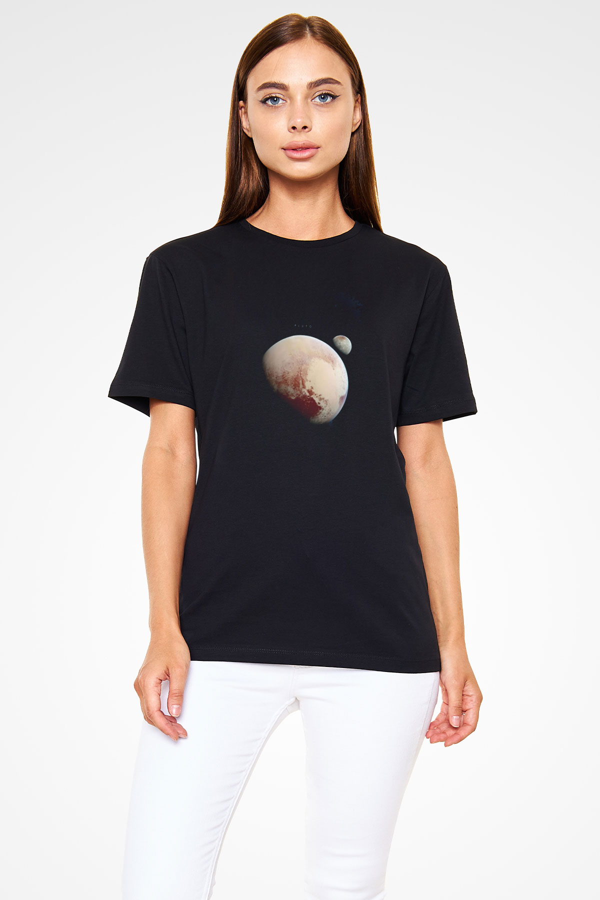 Plüton Fotoğraf Baskılı Unisex Siyah Tişört - Tshirt
