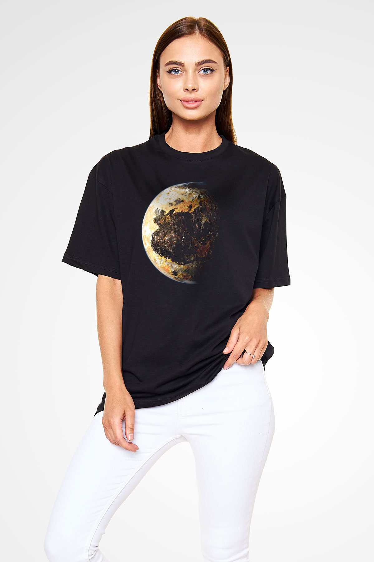Plüton Siyah Unisex Oversize Tişört T-Shirt