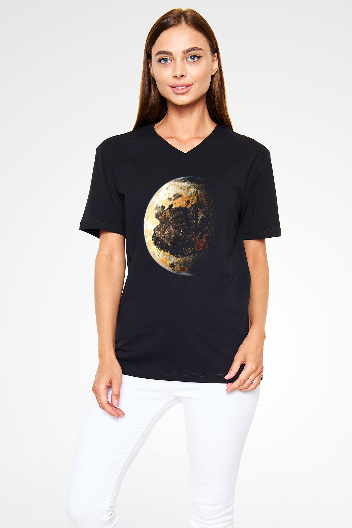 Plüton Siyah Unisex V Yaka Tişört T-Shirt
