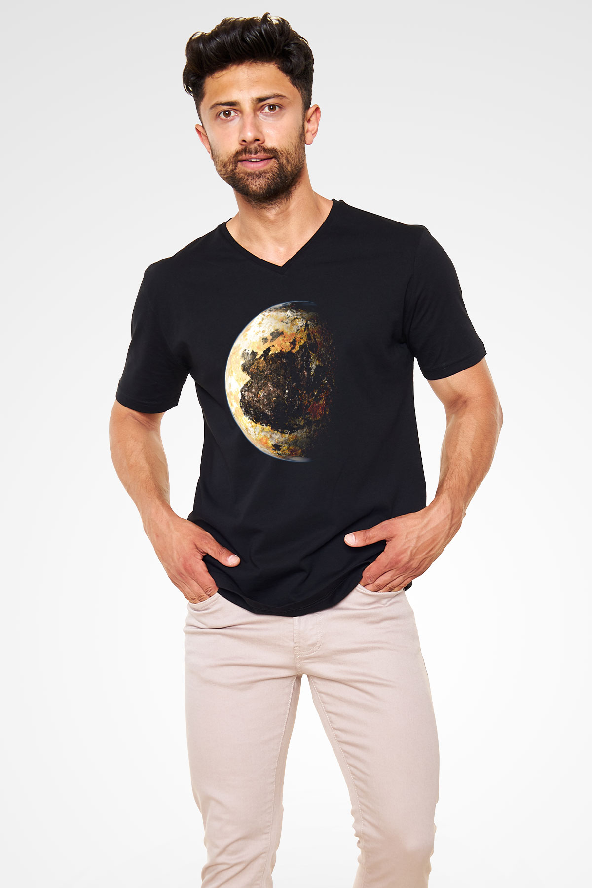 Plüton Siyah Unisex V Yaka Tişört T-Shirt