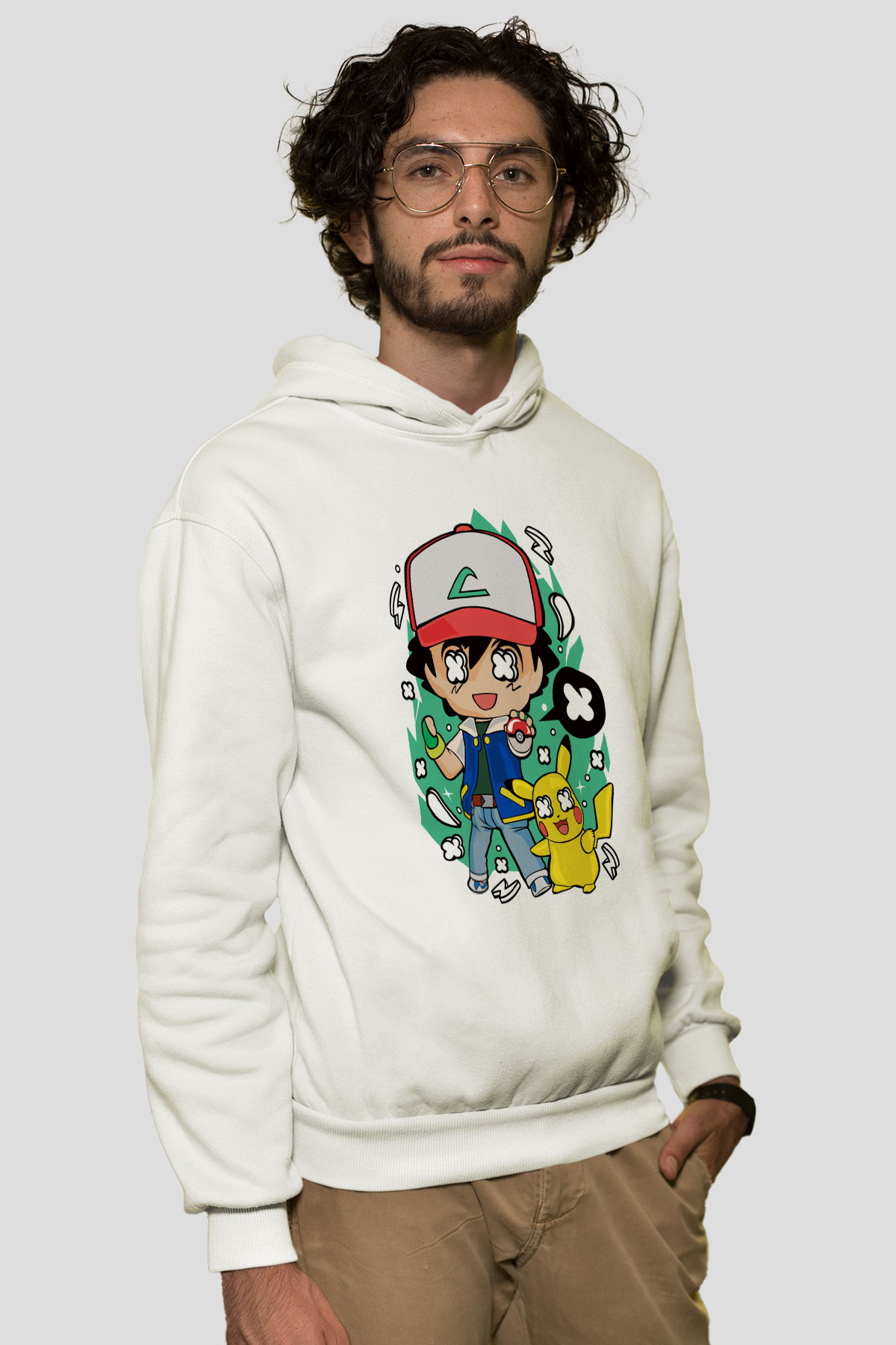 Pokemon Baskılı Unisex Beyaz Hoodie