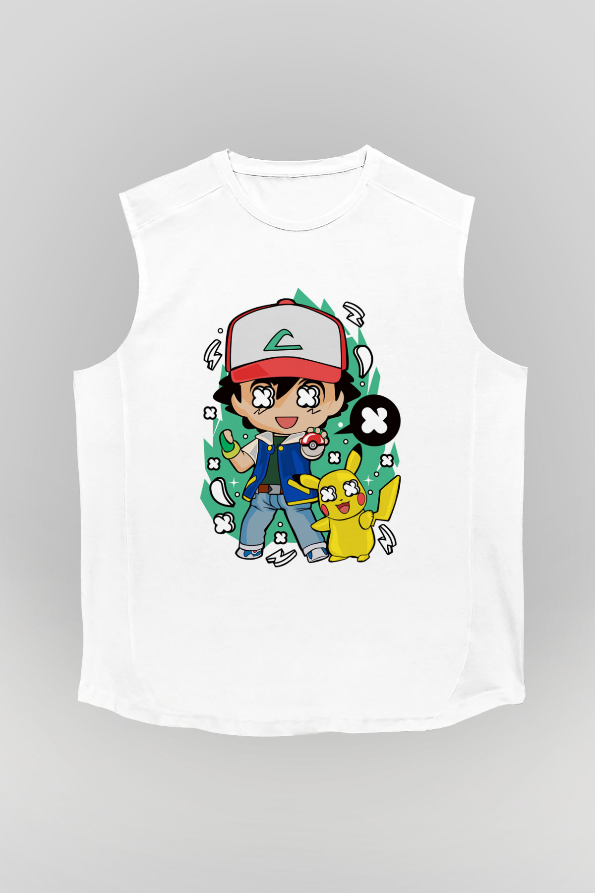 Pokemon Baskılı Unisex Beyaz Kolsuz Tişört