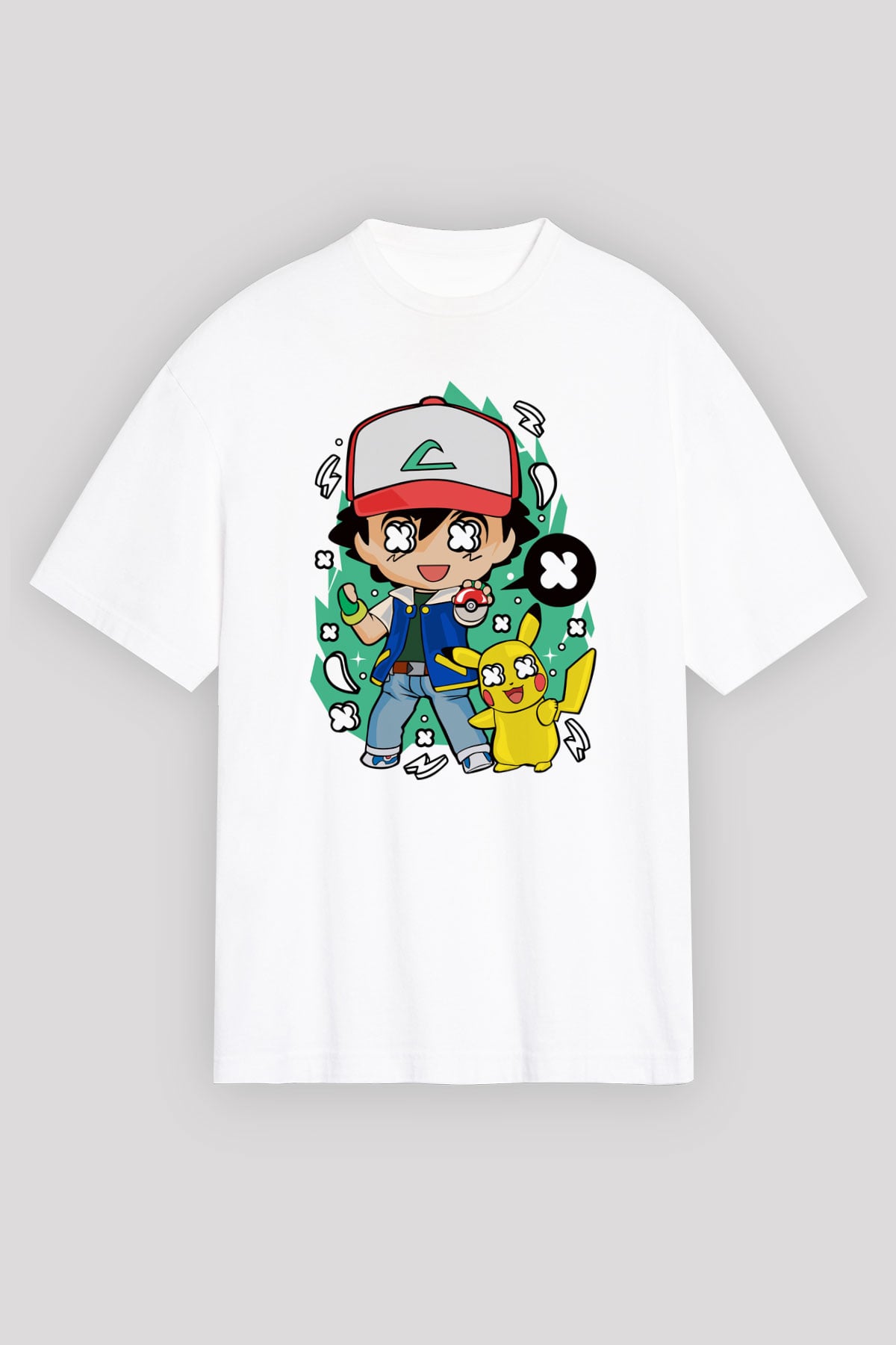 Pokemon Baskılı Unisex Beyaz Oversize Tişört