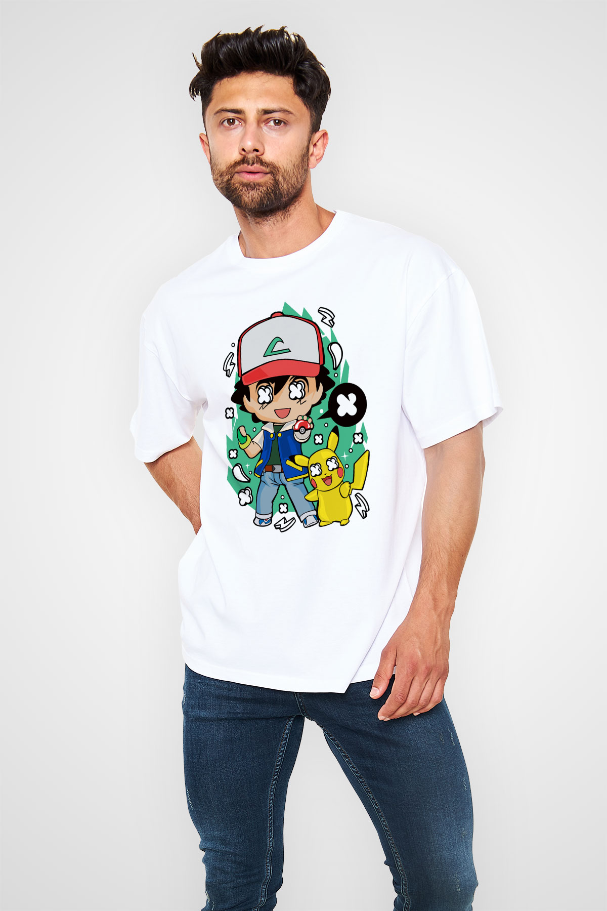 Pokemon Baskılı Unisex Beyaz Oversize Tişört