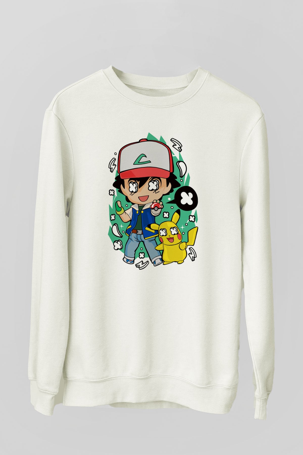 Pokemon Baskılı Unisex Beyaz Sweatshirt