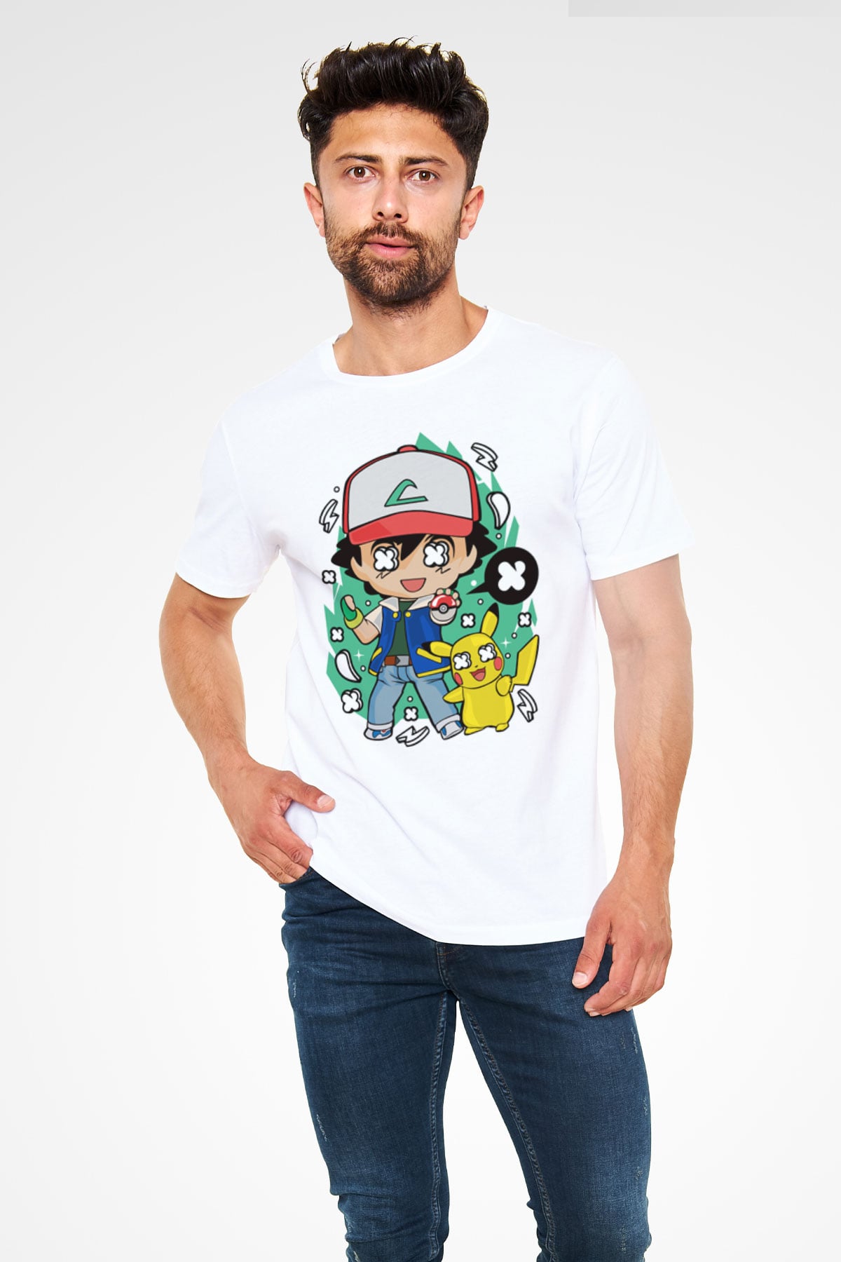 Pokemon Baskılı Unisex Beyaz Tişört