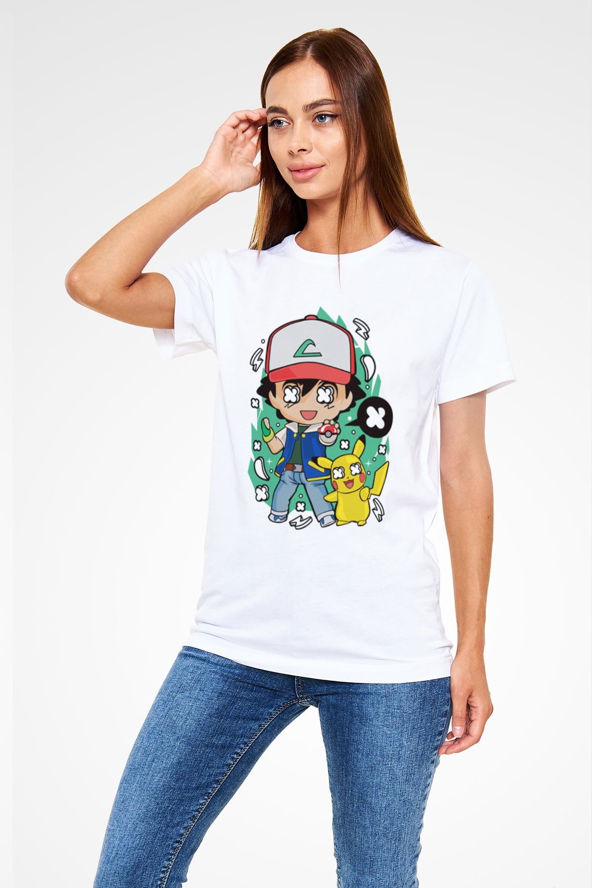 Pokemon Baskılı Unisex Beyaz Tişört