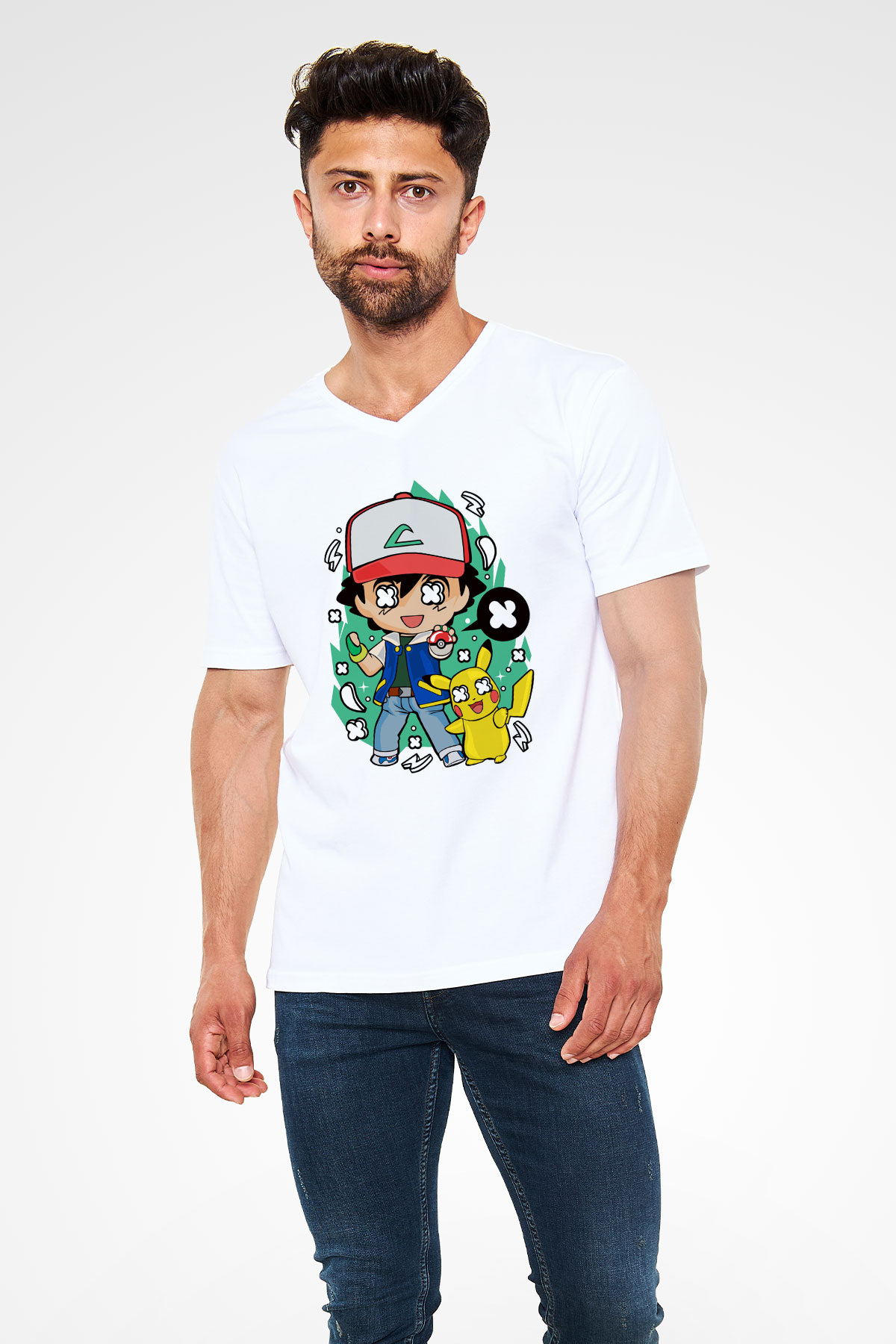 Pokemon Baskılı Unisex Beyaz V Yaka Tişört