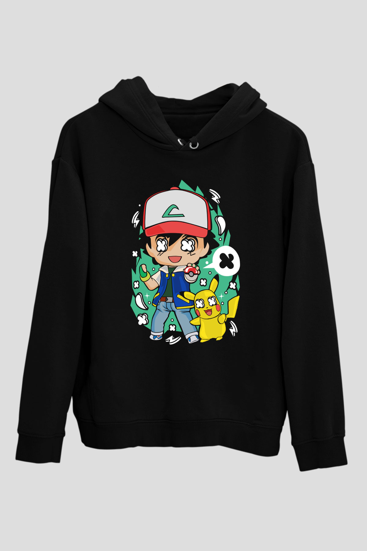 Pokemon Baskılı Unisex Siyah Hoodie