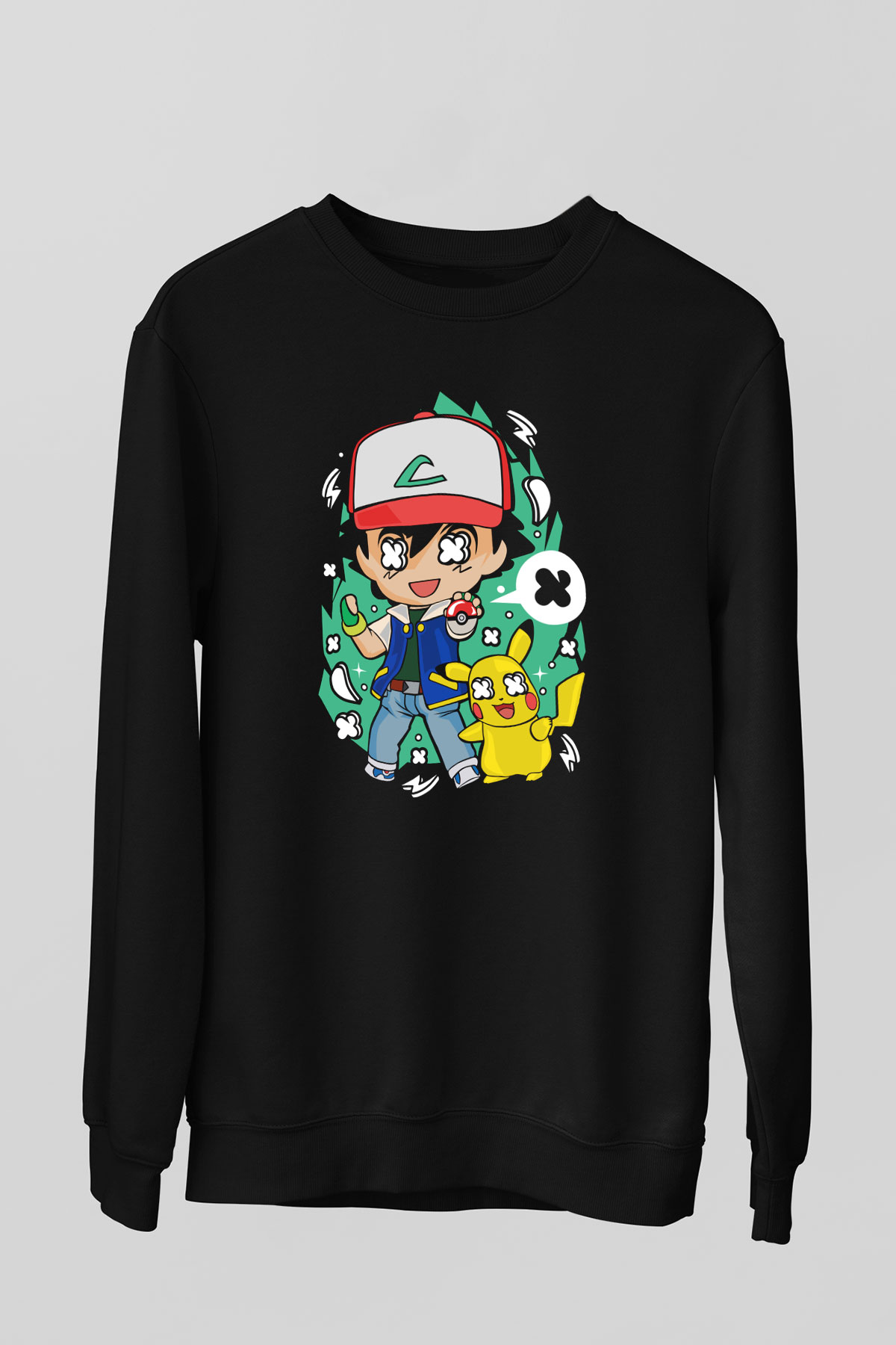 Pokemon Baskılı Unisex Siyah Sweatshirt