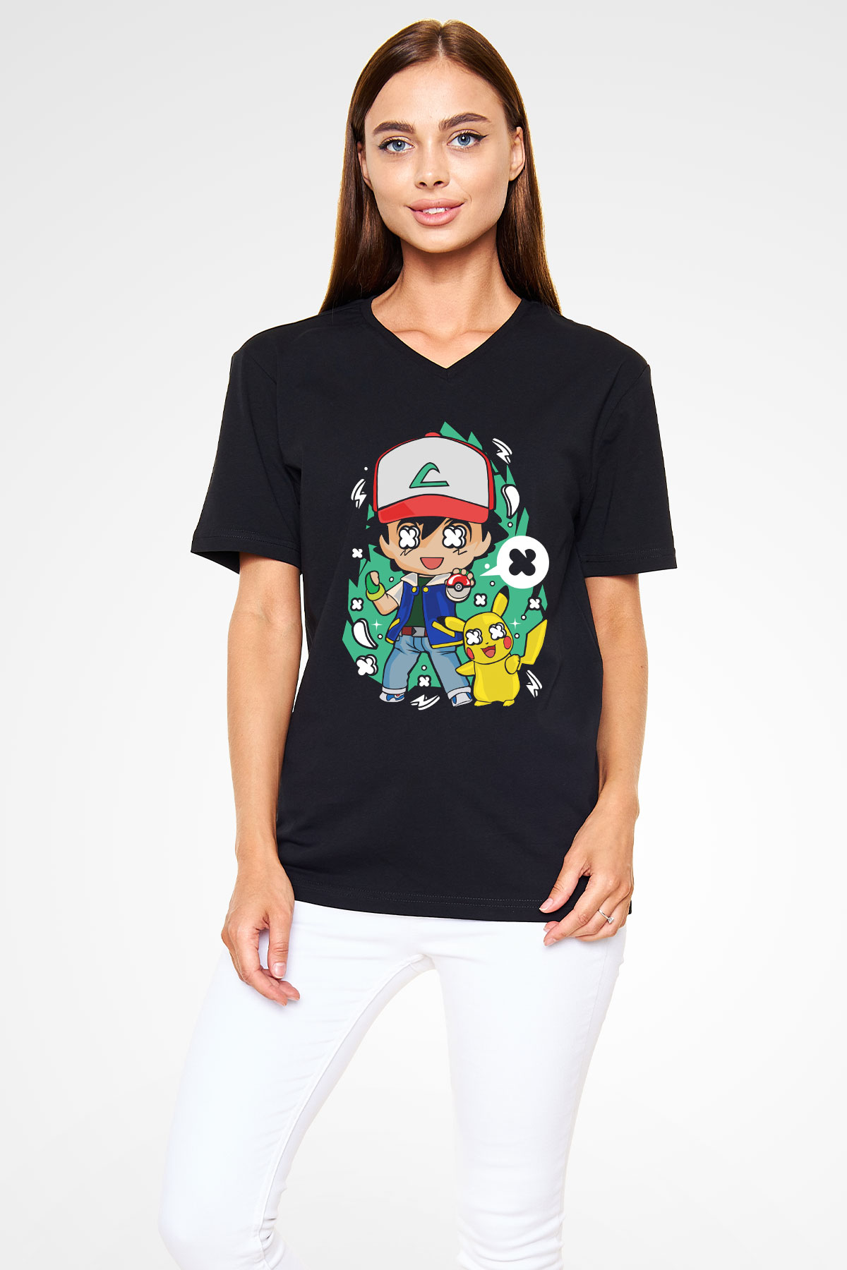 Pokemon Baskılı Unisex Siyah V Yaka Tişört
