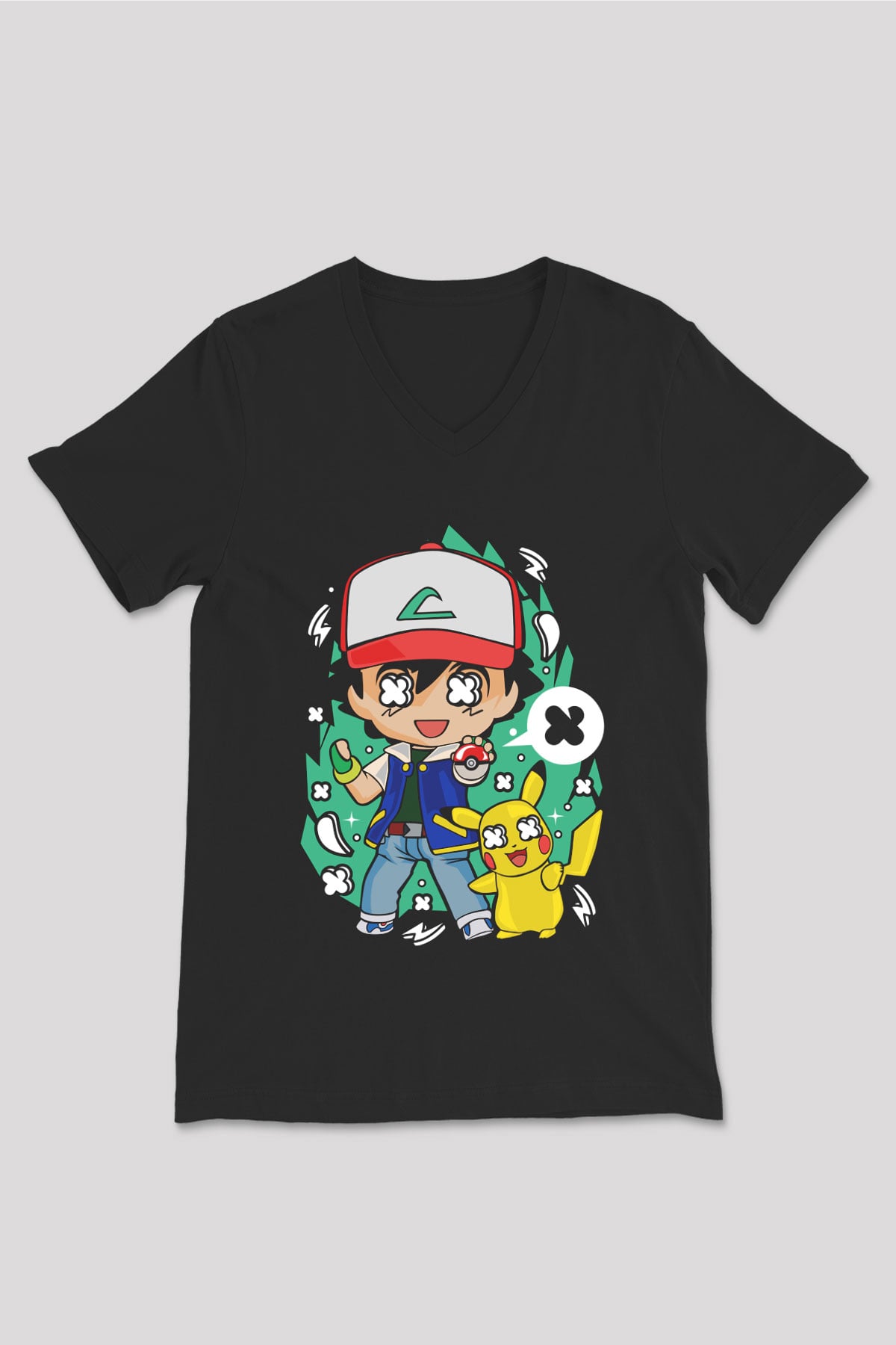 Pokemon Baskılı Unisex Siyah V Yaka Tişört