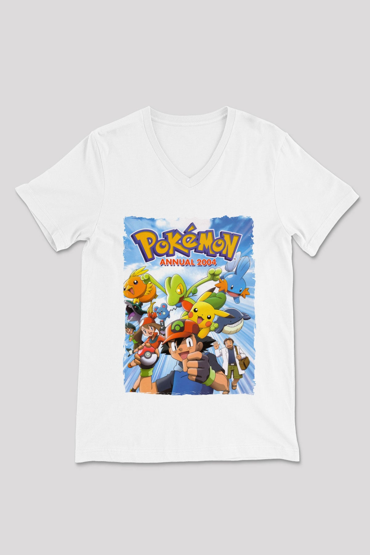 Pokemon Beyaz Unisex V Yaka Tişört