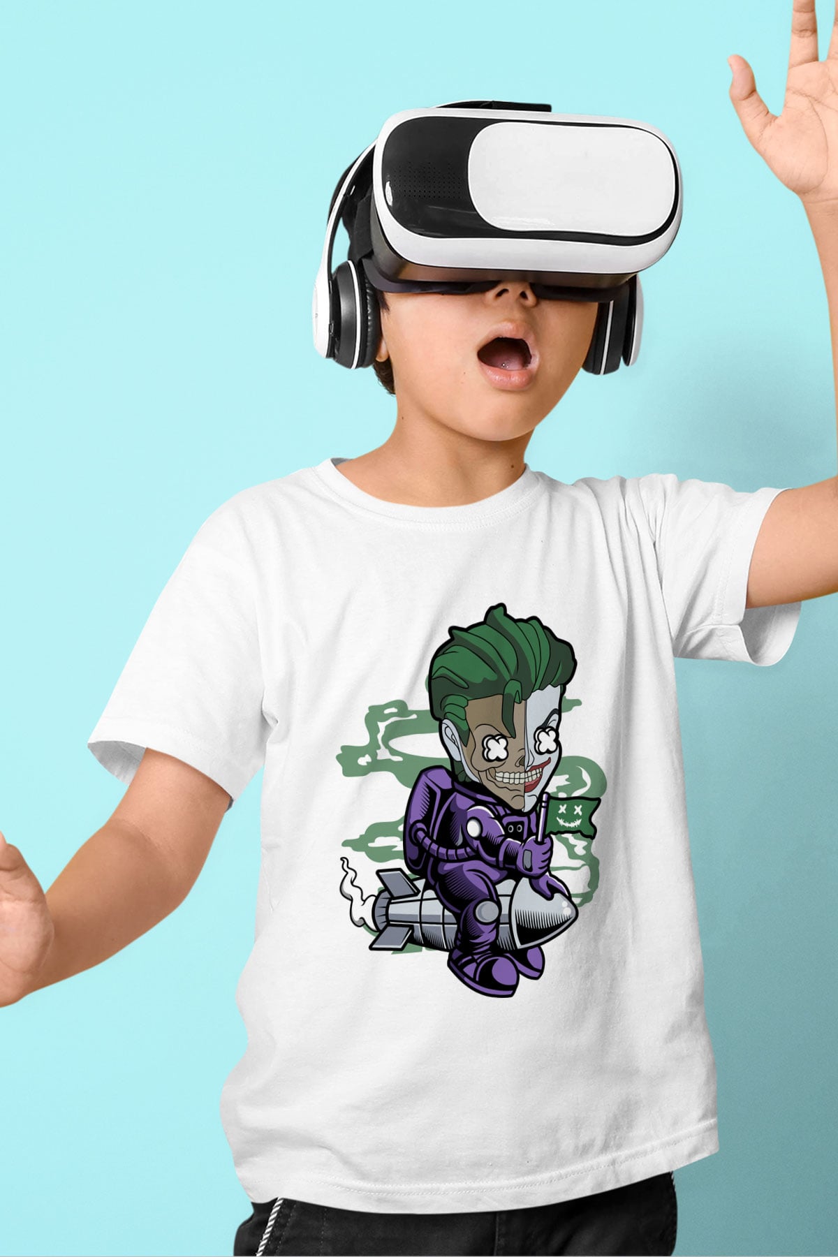 Poker Roket Rider Baskılı Unisex Beyaz Çocuk Tişört